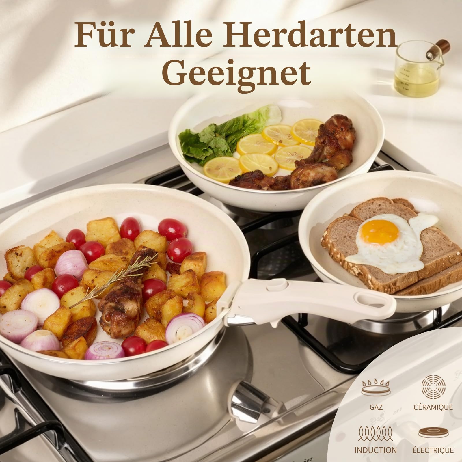 Pfannenset Mit Abnehmbarem Griff, Induktionsgeeignete Keramikpfanne, Ohne PTFE Und PFOA, 7-Teiliges Pfannen Set 20/24/28 cm, Beige