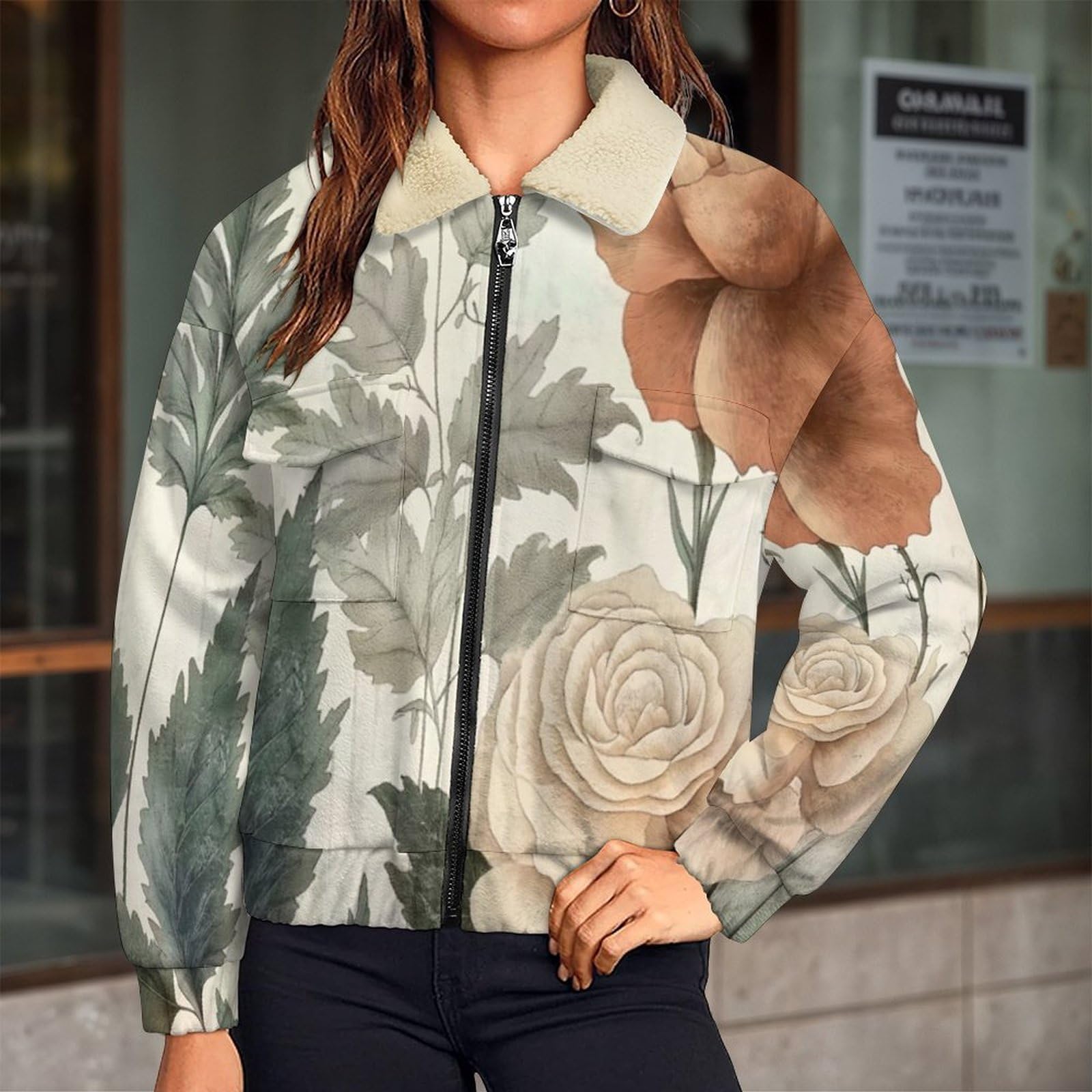 Giacca in Pile da Donna con Chiusura Lampo su Tutta la Lunghezza, Colletto Revers, Cappotto Foglie rose Calda Invernale con Tasche, per Escursioni e Tempo Libero