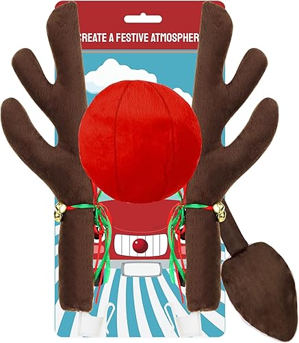 Cuernos de reno para automóvil con nariz y cola rojas, reno de Navidad para adornos de automóvil, kit de cuernos de rodolfo de Navidad prémium para