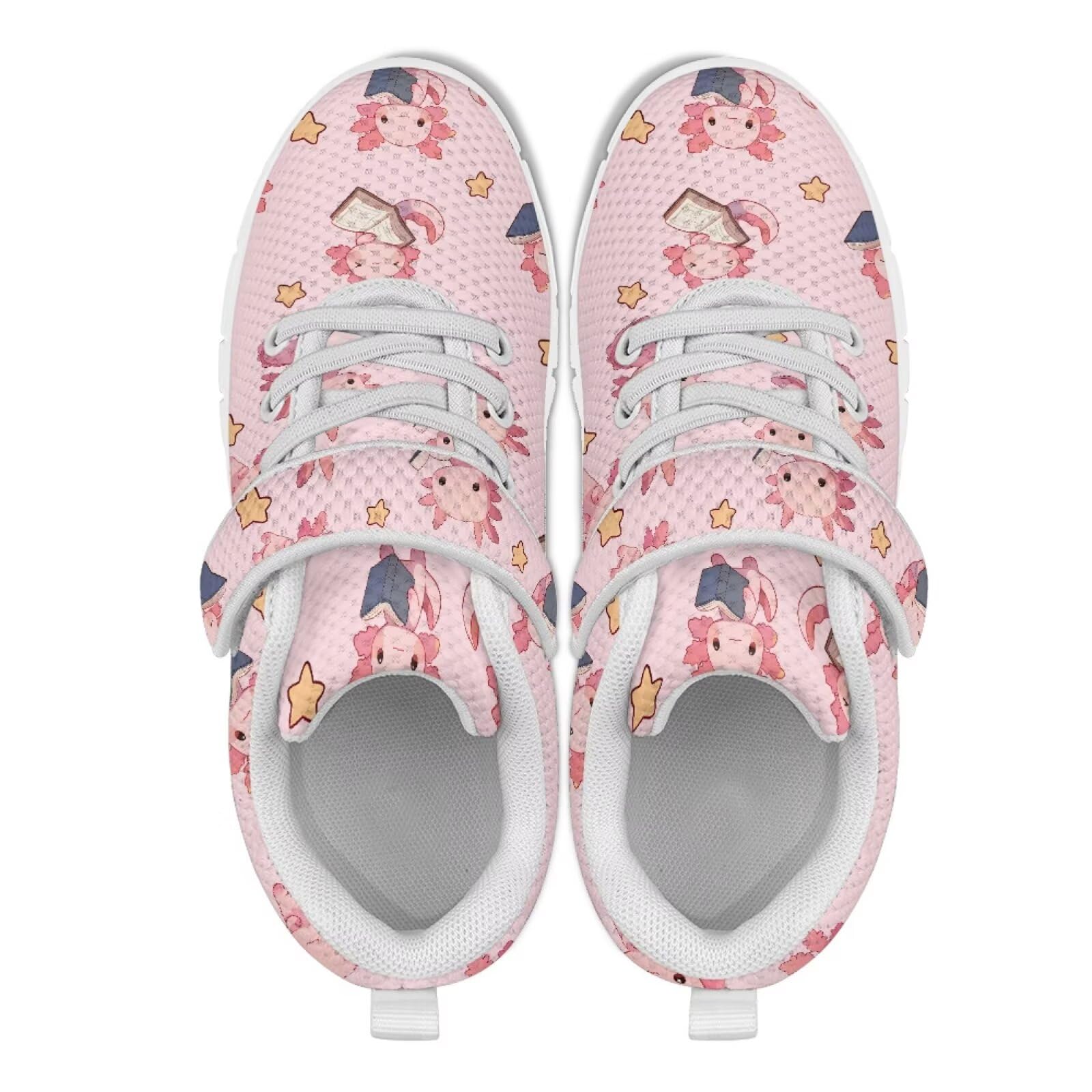 SYtrade Axolotl Book Star Pink Sneaker for Girls School Single Buckle Sports Gym Shoes White Sole
