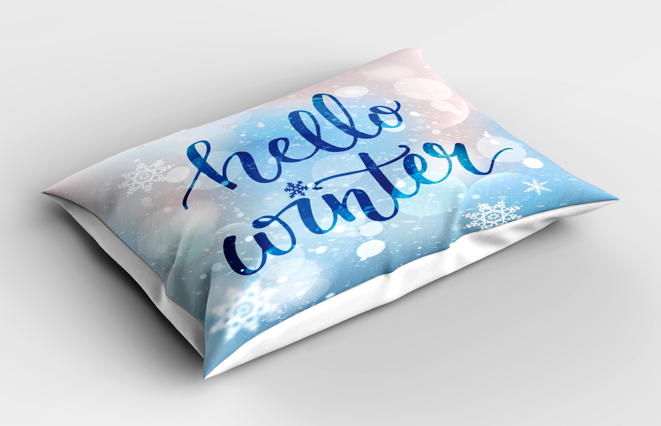 Ambesonne Winter Pillow Sham, Hello Winter Lettering on Abstract Blurry Snowflakes Bokeh Effect, Decorative Standard Size Printed Pillowcase, 26