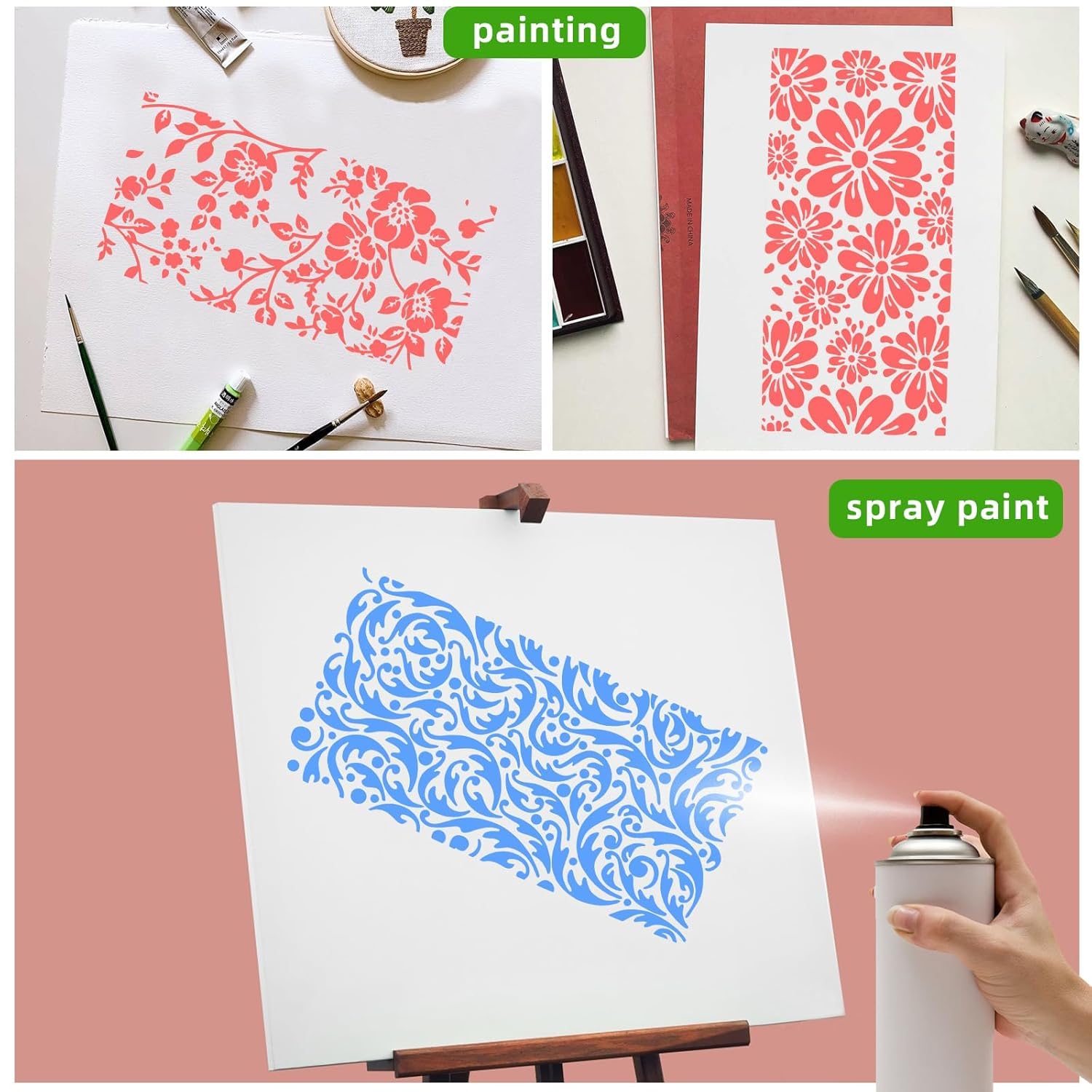 Mandala Soul 24 PCS Stencils for Painting, Reusable Geometric and Floral Painting Stencils Abstract Layering Stencil for Wooden Furniture, Floor Decor, DIY Craft Supplies, Includes Flower and Stripe Patterns 2