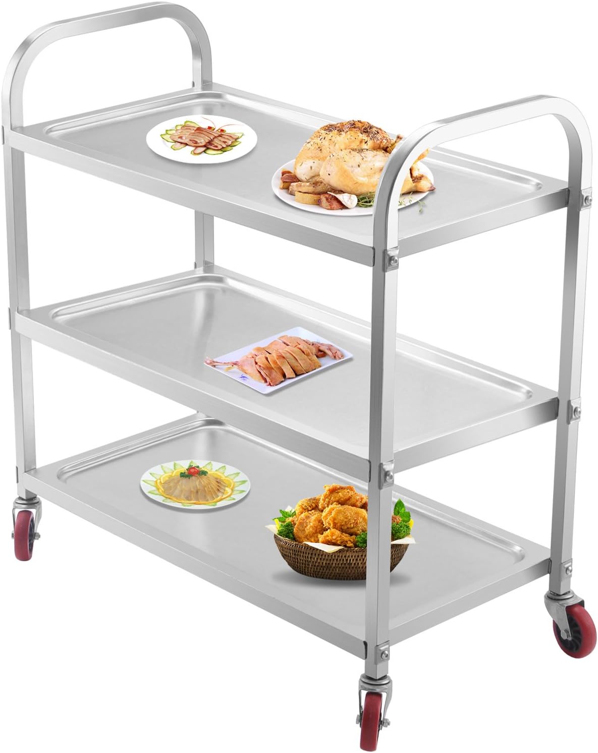 Superland 3 Shelf Utility Cart 264Lbs Stainless Steel Cart with Wheels Commercial Bus Cart for Kitchen Commercial Hotel Restaurant Dining Area Utility Serving (3 Shelf)