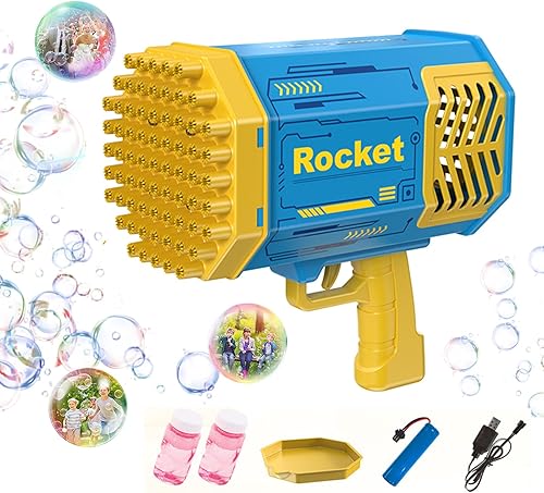 Pistola de burbujas, máquina de burbujas de 69 agujeros para niños, ametralladora de burbujas con luces coloridas y solución de burbujas, soplador