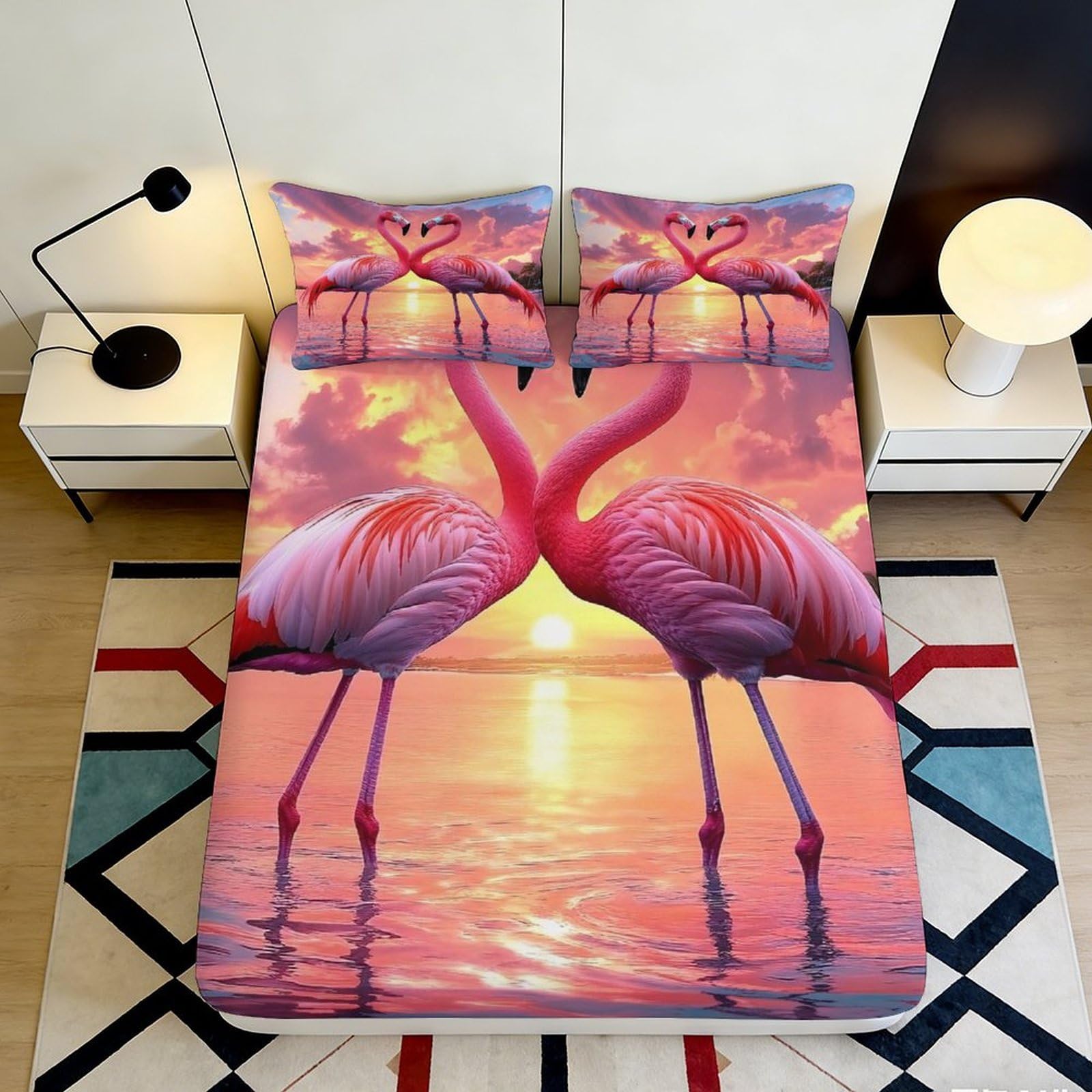 3D Printed Flamingo Couple Fitted Sheet Microfiber Soft Breathable Sunset Beach Bed Cover for Bedroom Dormitory Guest Room Mattress Protection Decor 160x200x25cm
