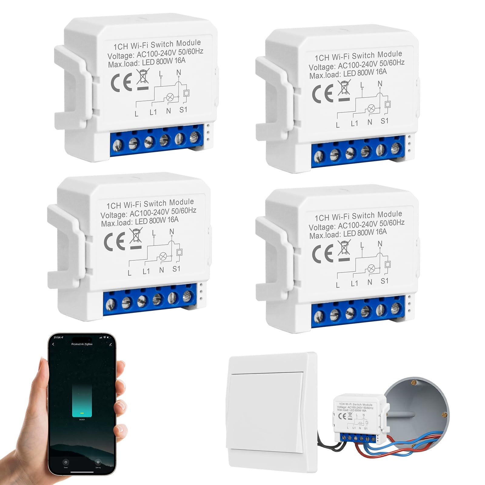 Interruptor inteligente WIFI pack de 4 interruptores de luz para Alexa y Google Home 8