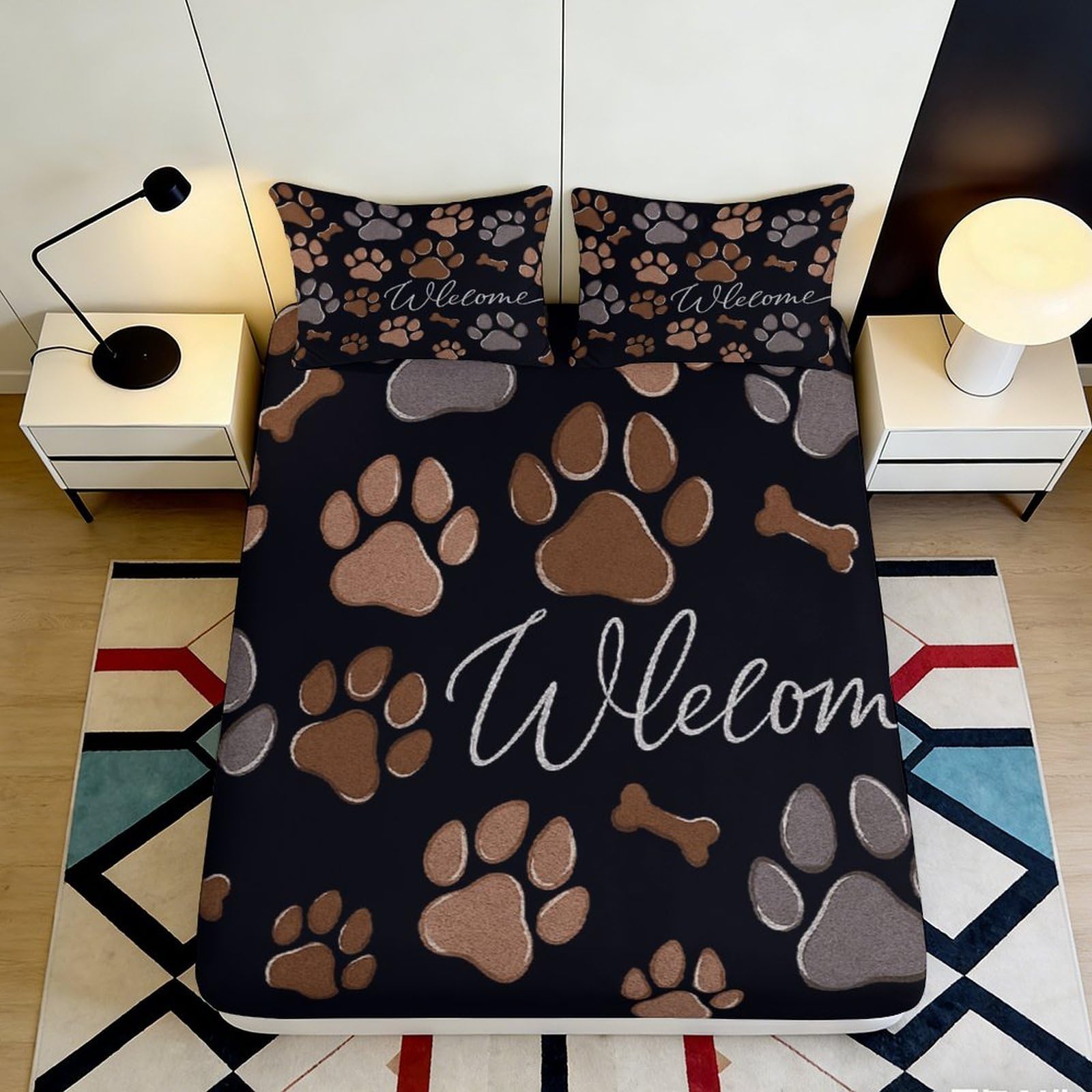 3D Printed Paw Print Fitted Sheet Microfiber Soft Breathable Bone Pattern Mattress Cover for Bedroom Dormitory Guest Room Mattress Protection 120x200x25cm