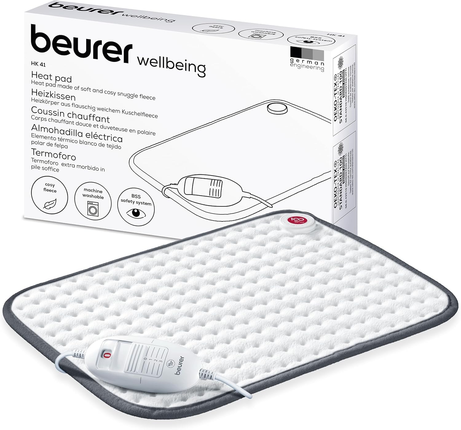 Beurer HK 41 - Termoforo con Morbida Superficie e Tre Livelli di Temperatura Selezionabili, dimensioni 44 x 33 cm, spegnimento automatico di sicurezza dopo 90 minuti