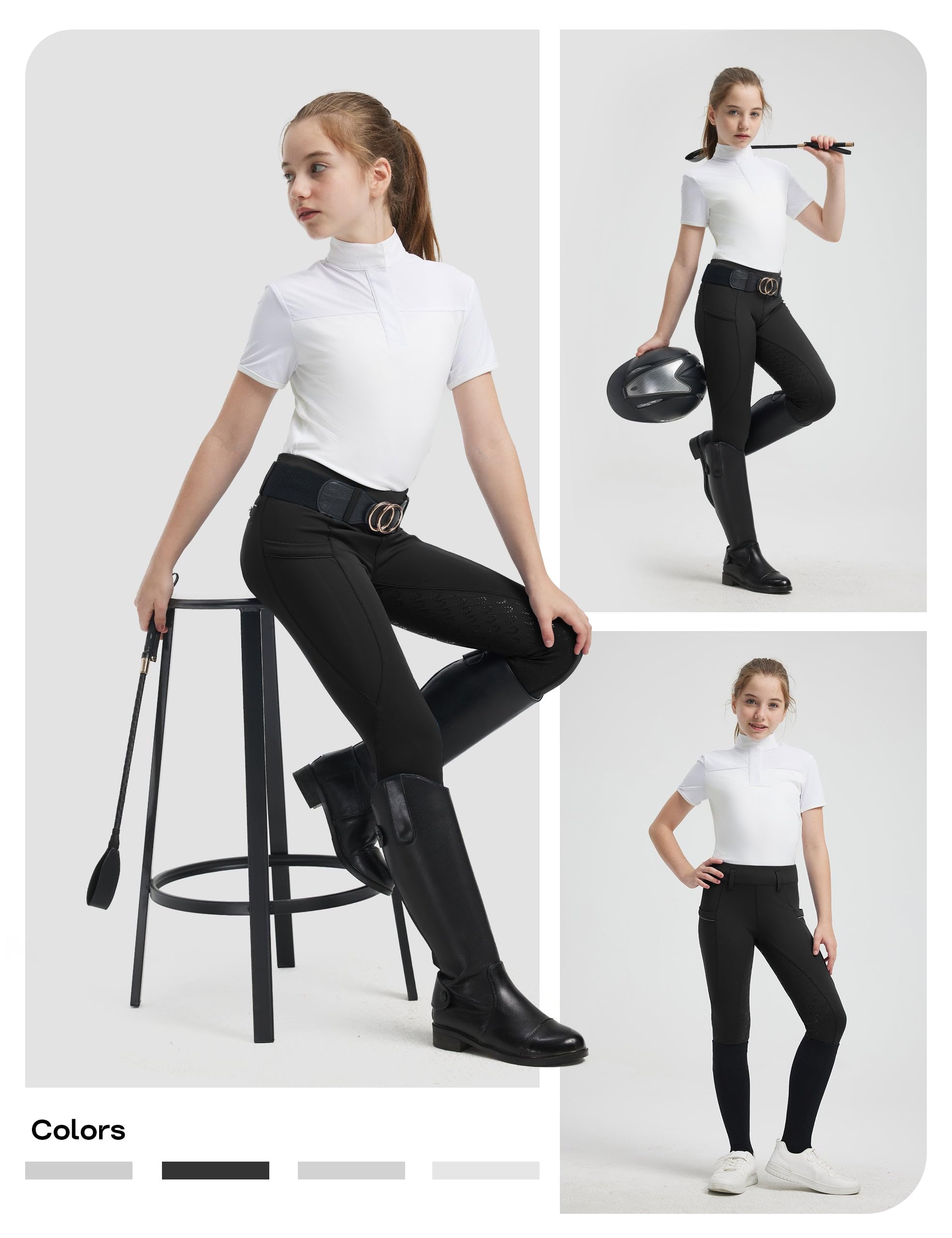 FitsT4 Sports Reithose Mädchen Kinder Silikon Vollbesatz Reitleggings Reiten Hosen Elastische Reiterhosen mit 2 Seitlichen Taschen und Gürtelschlaufen