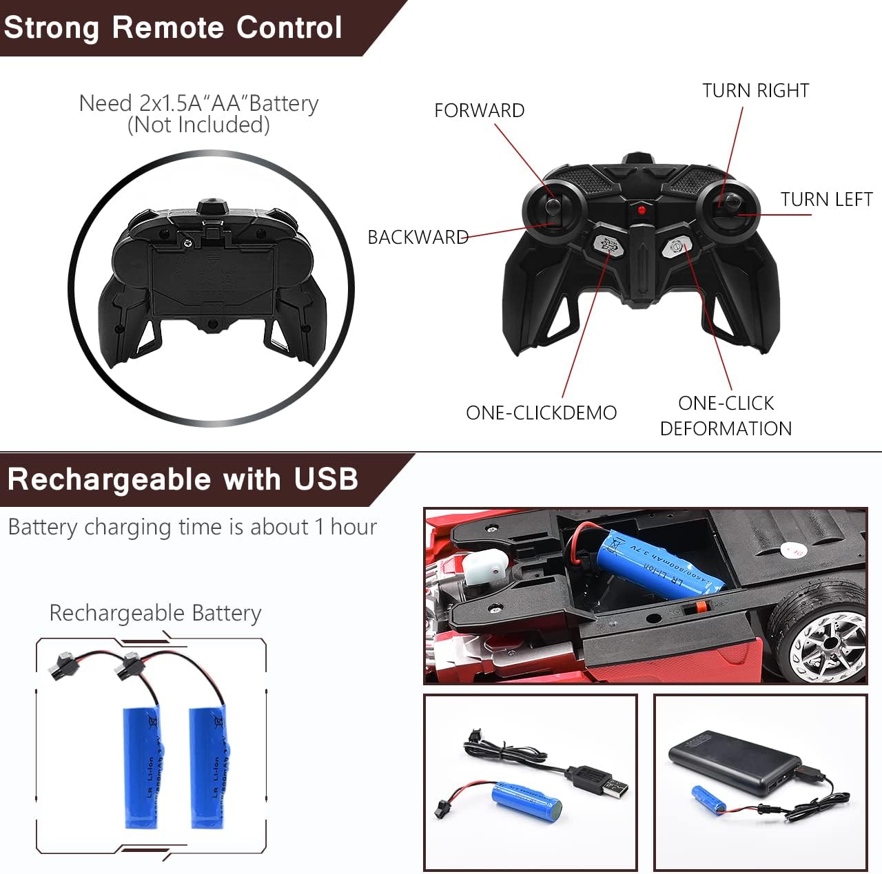 Zahooy Transform RC Car Robot for Kids,Remote Control Transforming Robot Car Toy,One Key Deformation Robot Car,One-Button Auto Demo&360 Rotate Speed Drifting &Rechargable for Boys Girls Adult Gifts