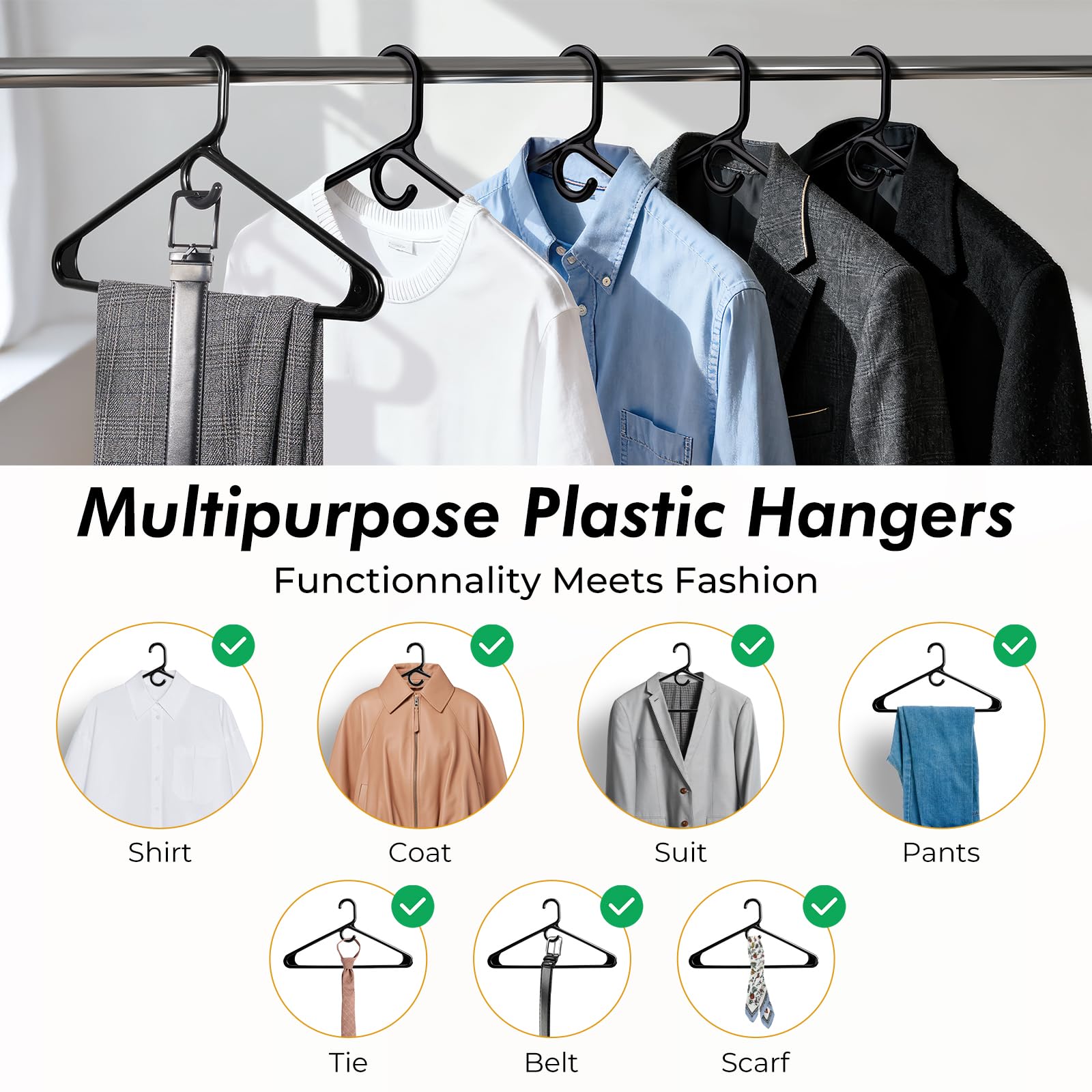 HOUSE DAY Grucce appendiabiti in plastica di alta qualità, confezione da 12, super resistenti, capacità 9,1 kg, resistenti, colore nero, per vestiti da adulti, resistenti per cappotti, giacche, jeans