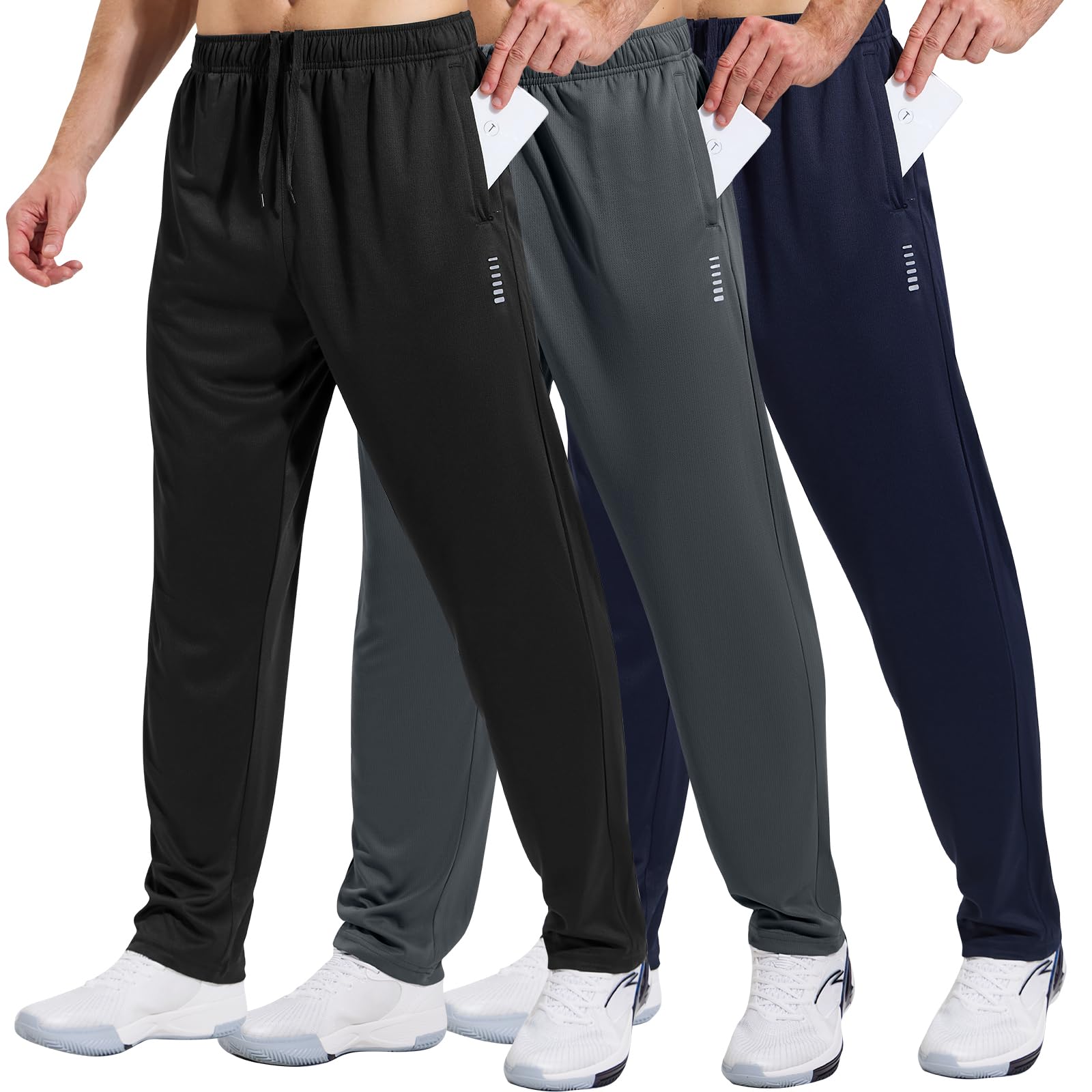 HUAKANG Pack of 3 Men's Tracksuit Bottoms Gym Training Pants with Zipper Pockets