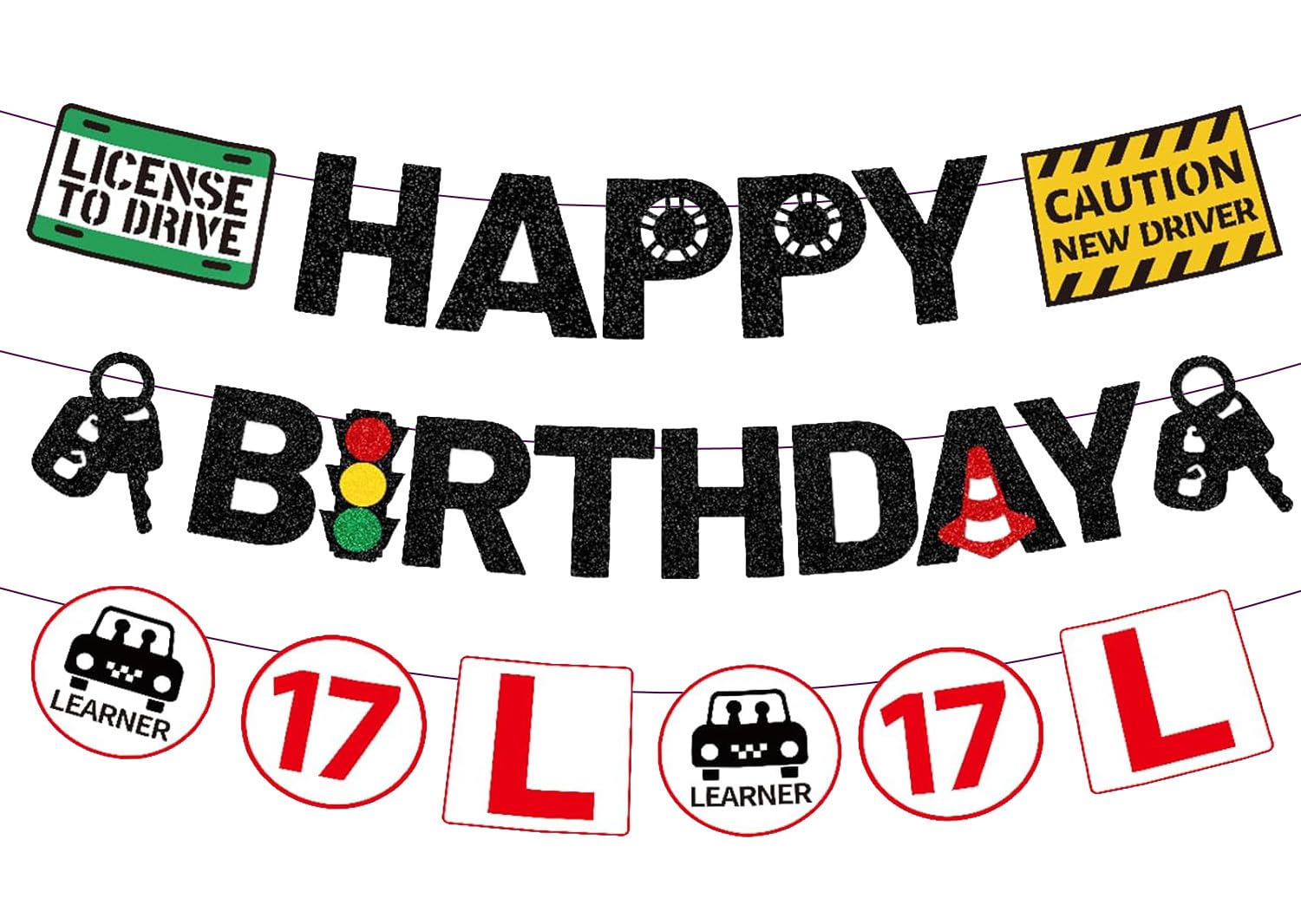 17th Learner Driver Birthday Banner, Glitter Happy Birthday Banner Learn to drive Car Road Signs Party Supplies for 17 Year Old Boys Girls Transportation Theme Party Decorations