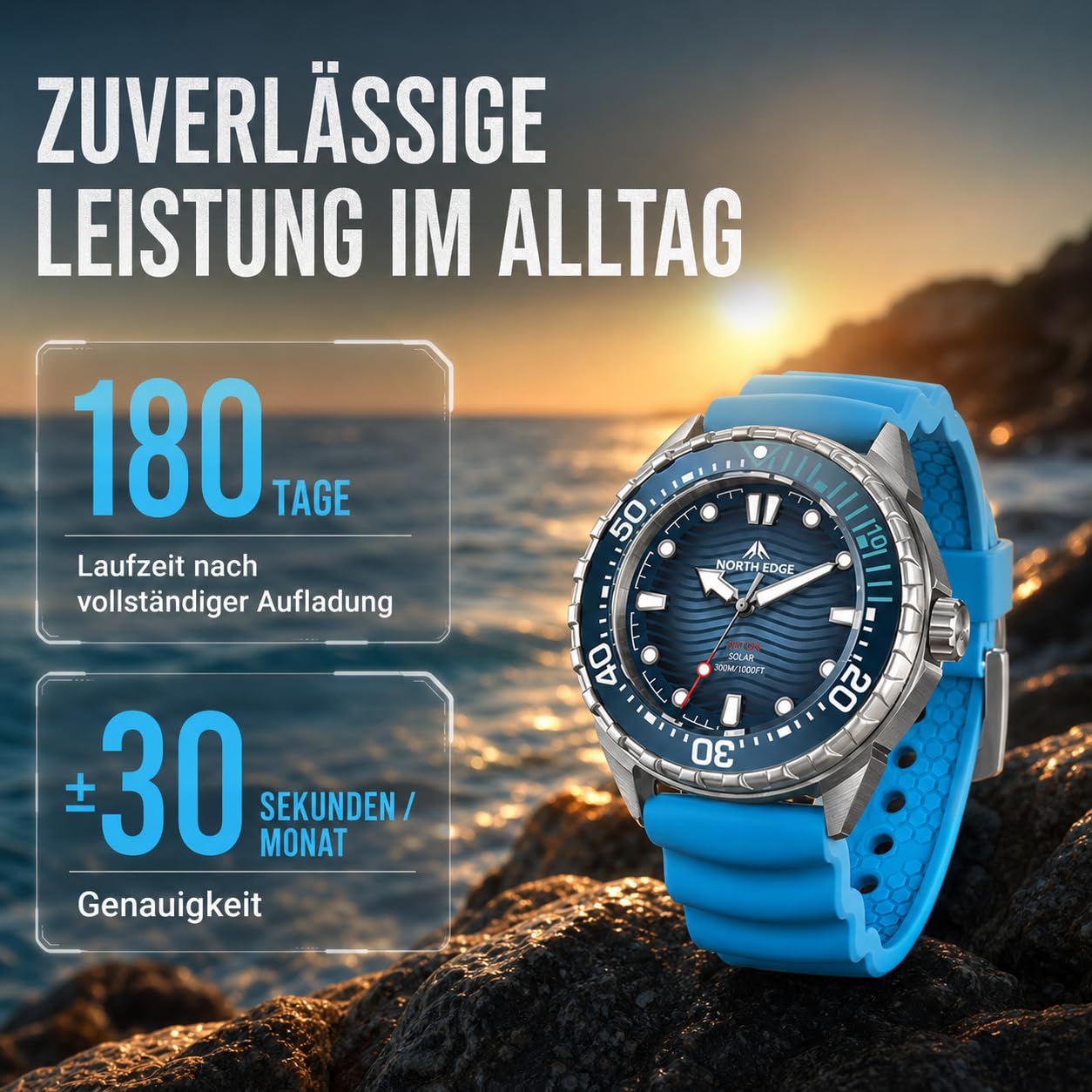 NORTH EDGE Triton Herren Solar Taucheruhr, 300 m wasserdicht, Quarz Armbanduhr mit Leuchtzeigern, drehbarer Lünette, verschraubter Krone, Outdoor Dive Watch