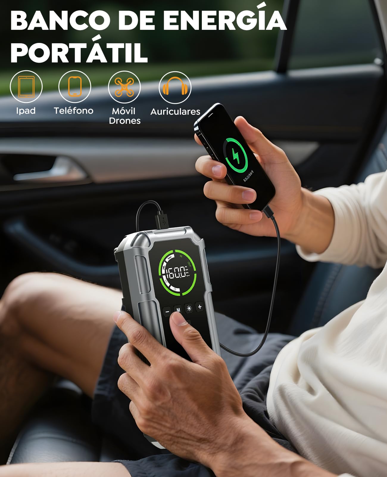 Arrancador de Baterias de Coche 8000A con Compresor, 160PSI Inflador de Neumáticos, Jump Starter 12V, Arrancador de Coches para Vehículo (Todo Gasolina o 12L Diésel), Pantalla LCD, Luz de Emergencia