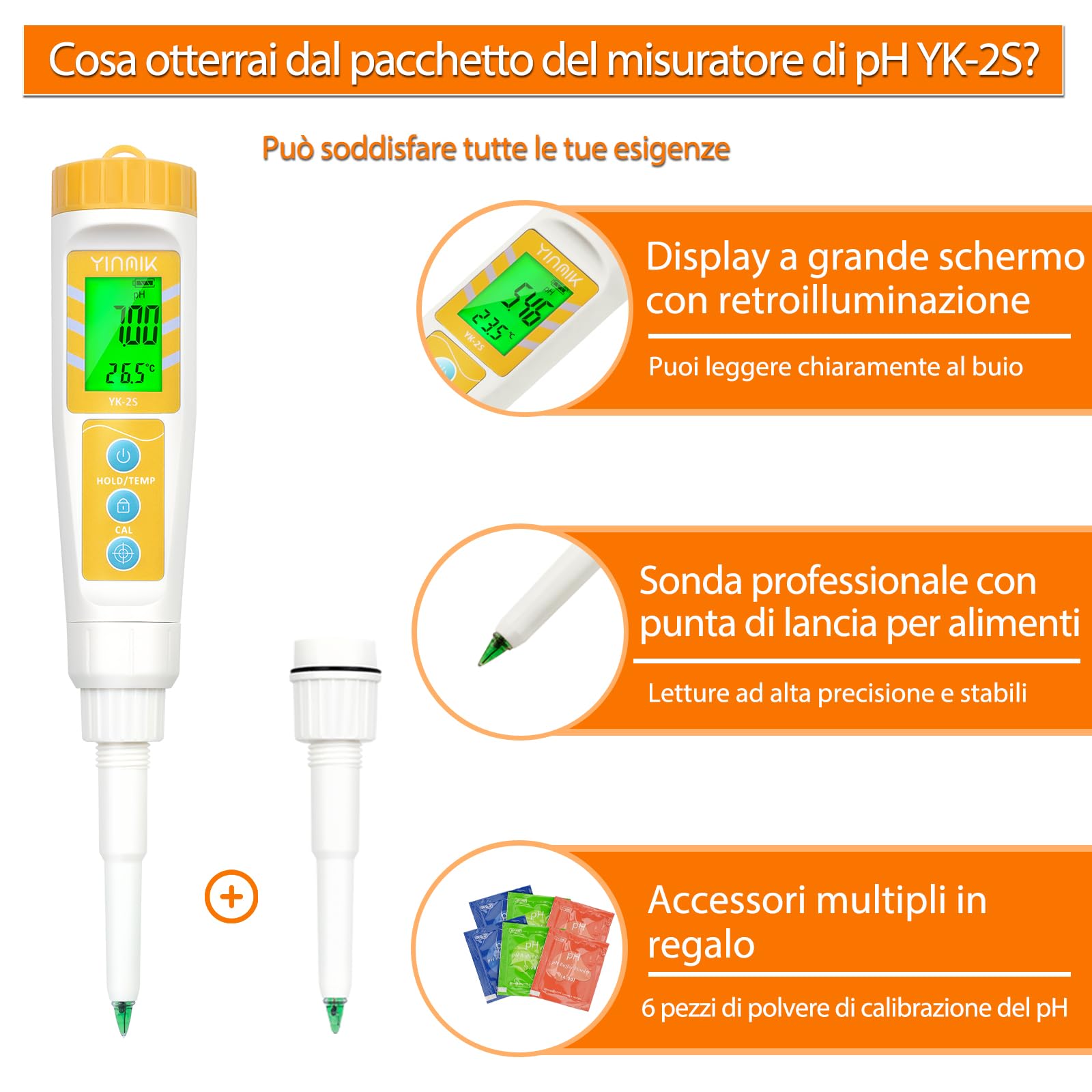 Misuratore pH per Alimenti con Sonda Sostituibile - Phmetro Lievito Madre Digitale per Carne, Impasti, Inscatolamento, Formaggio + Piaccametro per Alimenti - Yinmik Misuratore pH per Acqua e Terreni