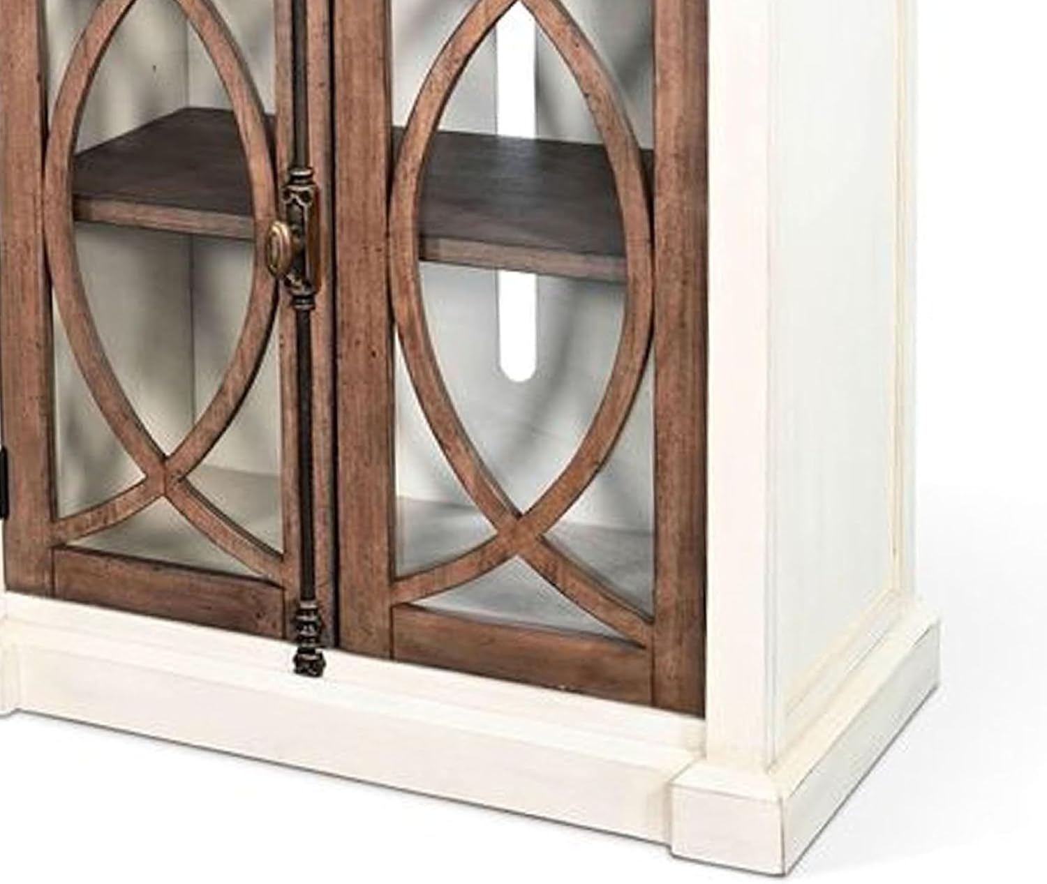Benzara Camie TV Media Console, 4 Glass Cabinet Doors, White Solid Wood, 91 Inch