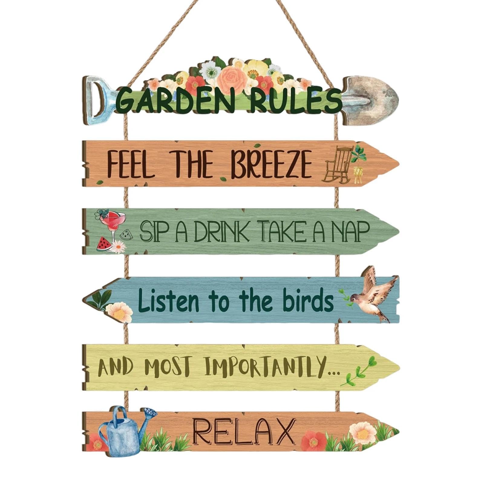 dinghaole Garden Rules Wood Wall Sign, Flower Birds with Relaxing, Unique Outdoor Presents for Gardeners, Gardening Gifts for Plant Lovers, Housewarming New Home Gifts