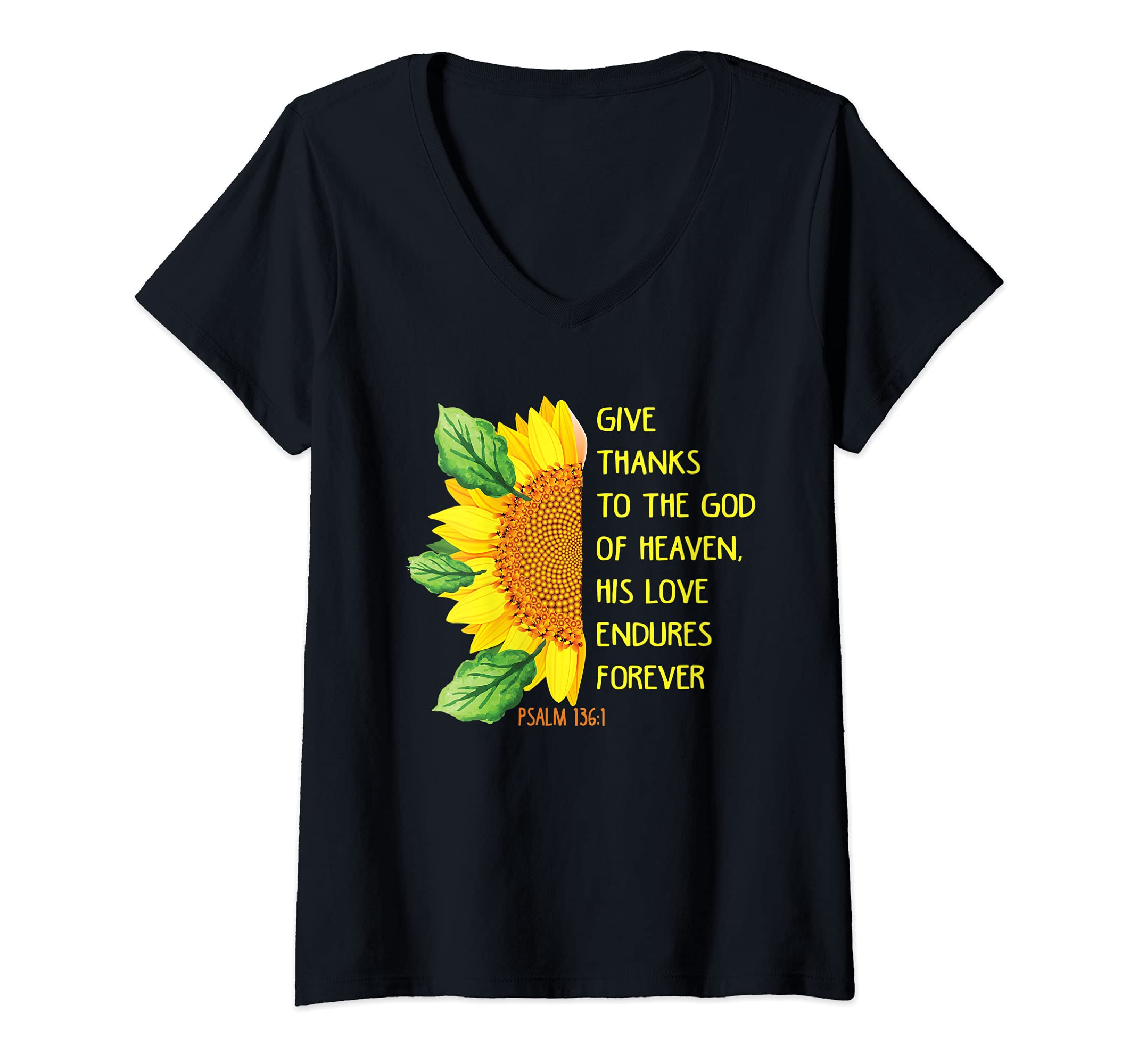 Womens Psalm 136:1 Christian Bible Verse Religious V-Neck T-Shirt, Black