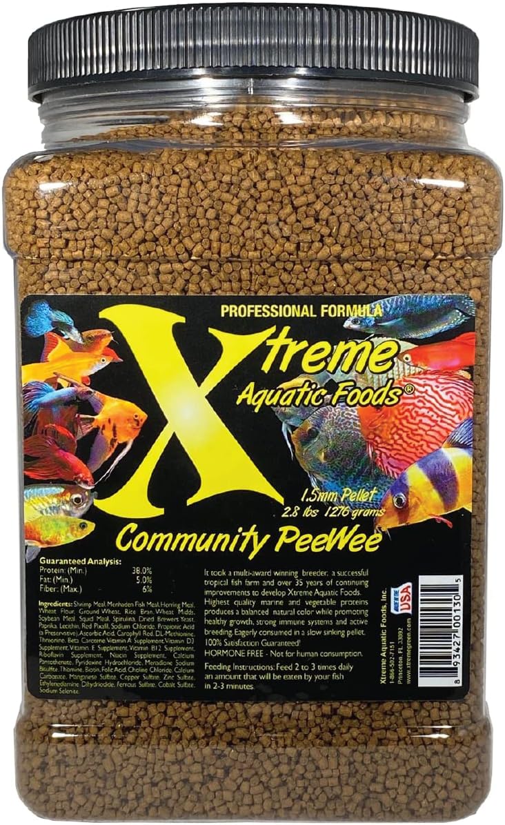 Xtreme Community Peewee 1.5mm Pellets: Slow Sinking & Ideal for Community Fish - Boosts Immune & Digestive Health, Enhances Color & Energy, Max Protein Fish Food – USA Farm Grown (38oz)