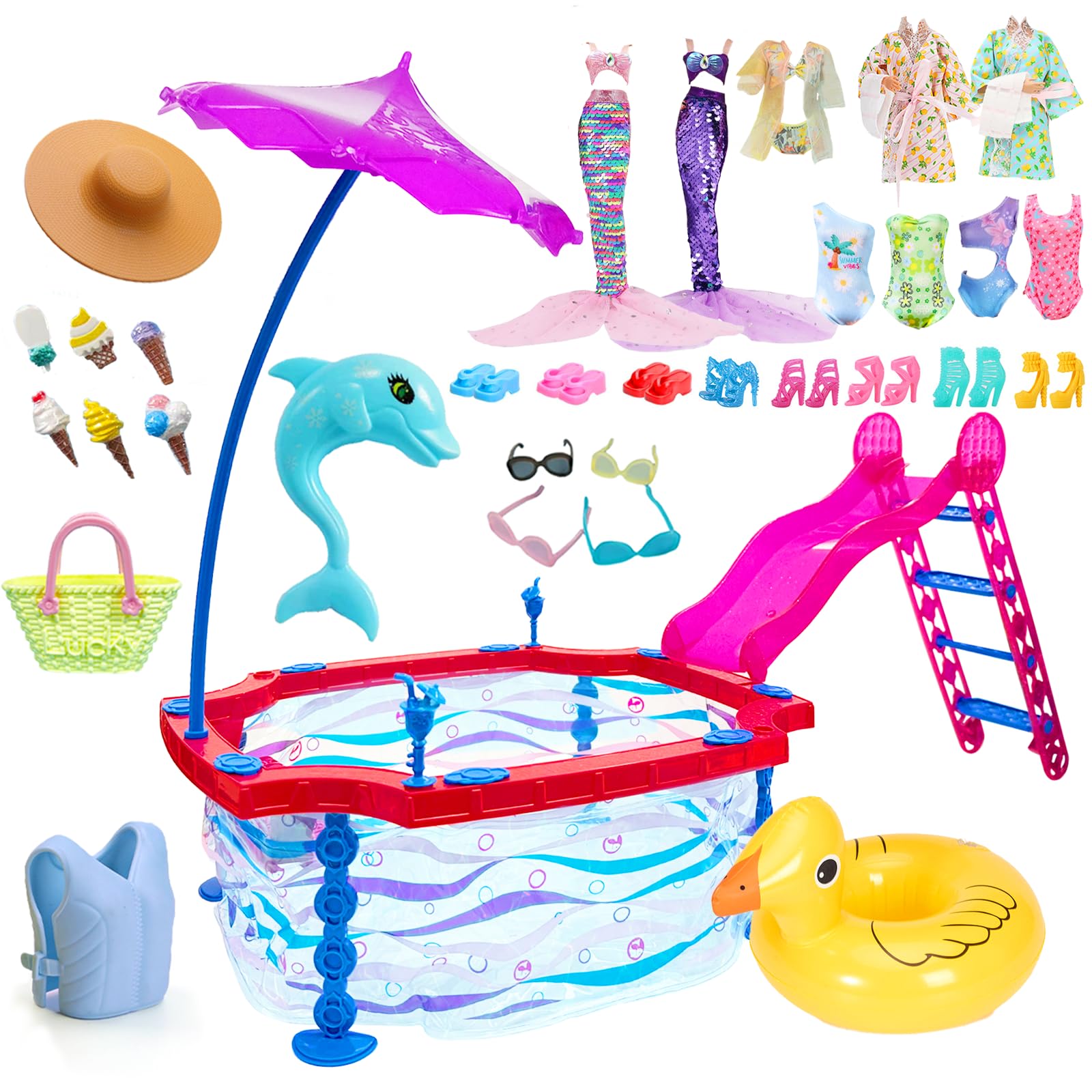 35 Pcs Doll Pool Playset with Slide, 11.5 inch Doll Clothes Accessories, Beach Umbrella Swimming Ring Life Jacket Mermaid Swimwear 5 Set Swimsuit 1 Robe 1 Towel 1 Bag 10 Shoes 12 Accessories for Doll