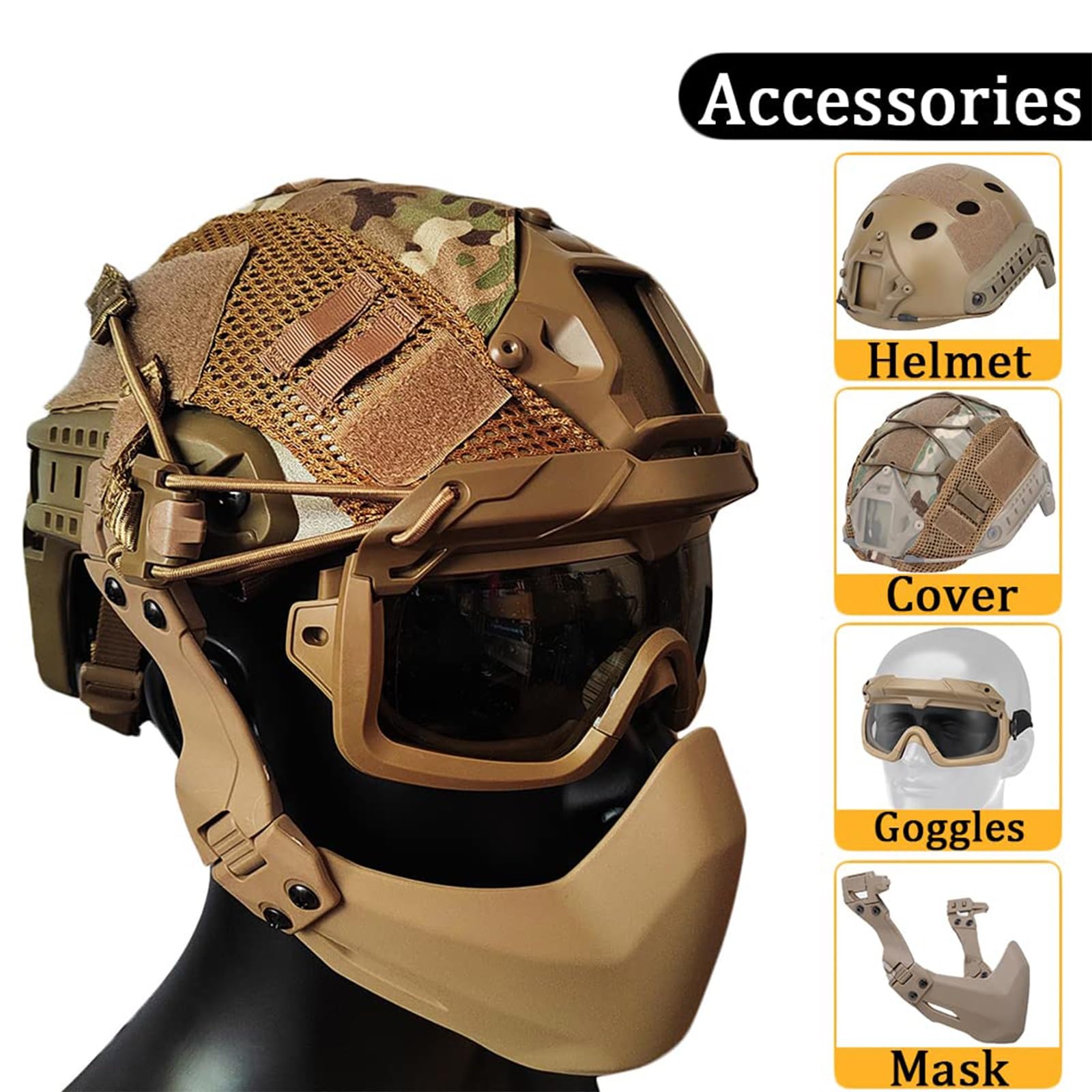 Set Casco Tattico da Softair Con Maschera da Paintball Regolabile Occhiali e Copricasco per Giochi di Sopravvivenza All'aperto