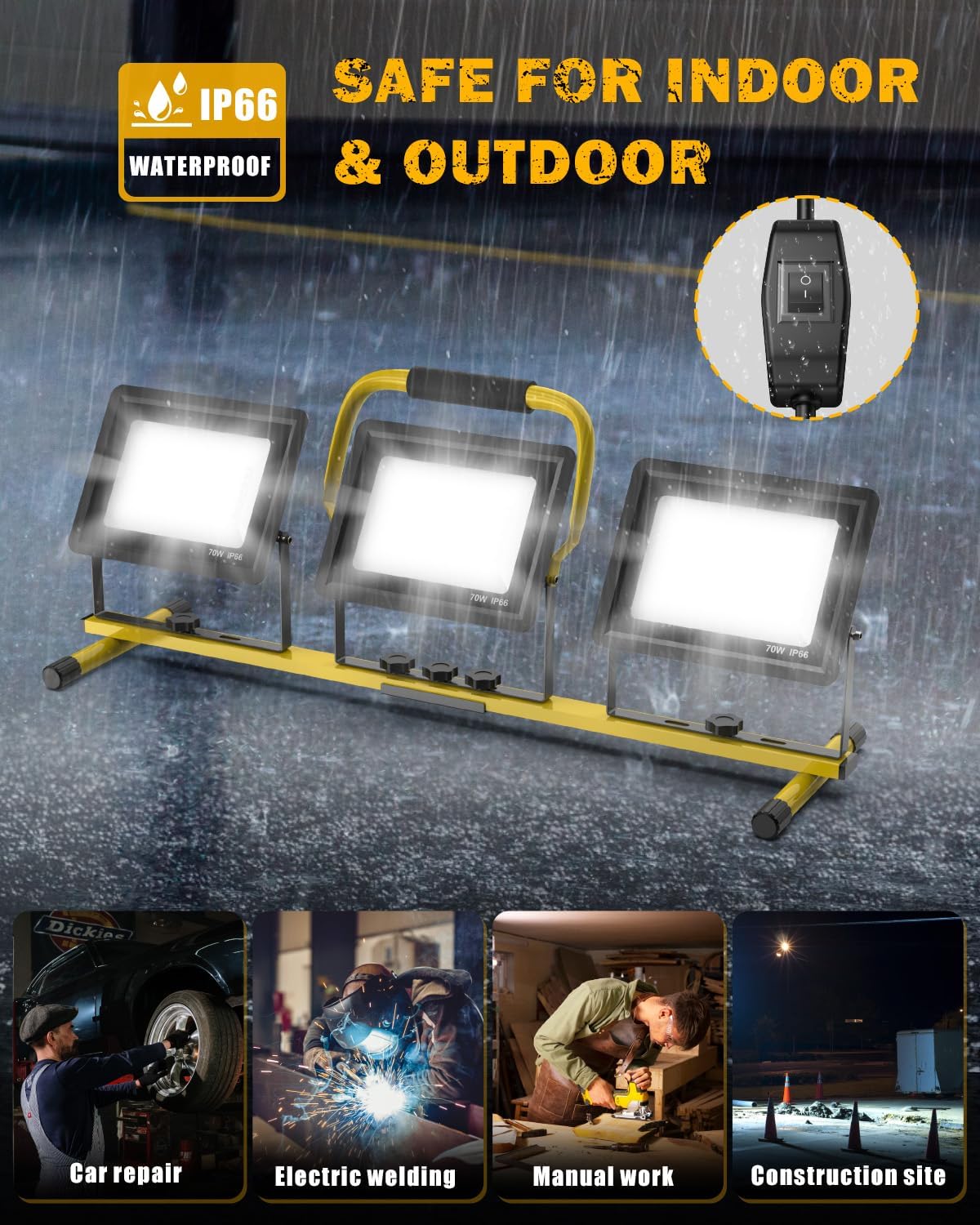 Upgraded LED Work Lights with Stand, 21000 Lumen 3-Head Adjustable Work Light, IP66 Waterproof Construction Tripod Light, Foldable & Portable Work Lights for Garage, Job Site, Outdoor Use - Image 7