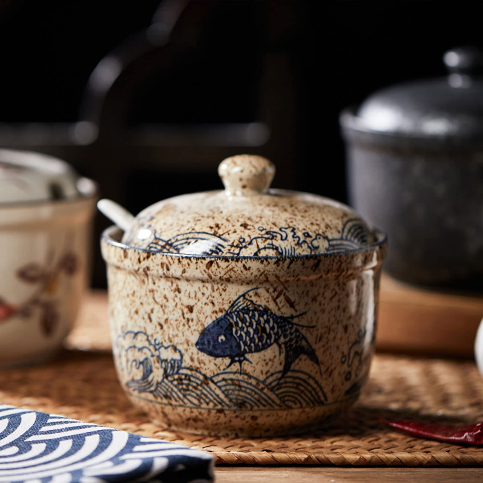 tarro para especias, Tarros de especias, azucarero estilo campestre con tapa, japonés pintado a mano, tarro for recipiente azúcar, condimentos, bote 370 ml