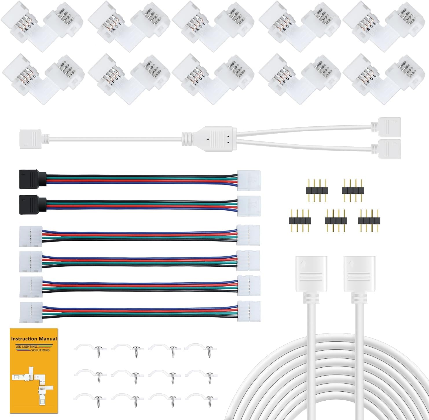 REDTRON Led Strip Connectors Kit, 10mm RGB Led Light Connector Includes 10x L Shape Connectors,2M LED Strip Light Extension Cable,4X Strip to Strip Jumpers,5X 4 Pin Male Connectors