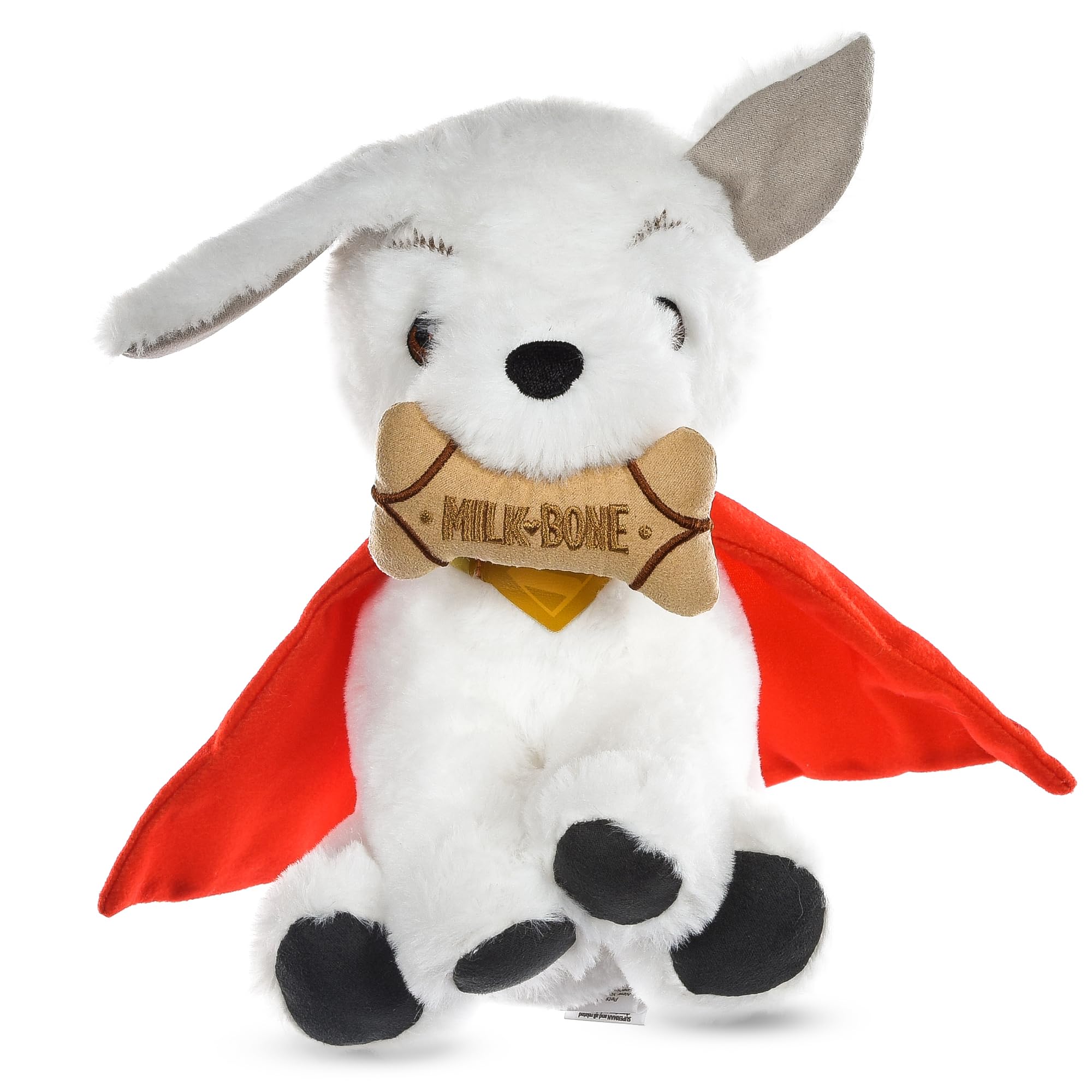 DC Comics Superman Krypto The Superdog Plüsch-Hundespielzeug – weiches quietschendes Hundespielzeug mit Knistergeräuschen, Umhang & Milchknochen-Leckerli-Design, 19,1 cm