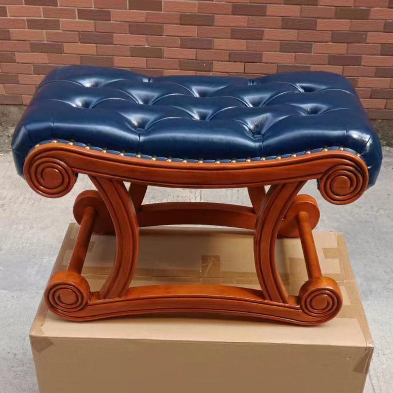 Mescxty E Vintag Leather Footrest With Wood Legs, Small Rustic Upholstered Stools,Solid Wood Ottoman Sho Changing Bench Footstool For Living Room Bedroom(65X36x43cm, )