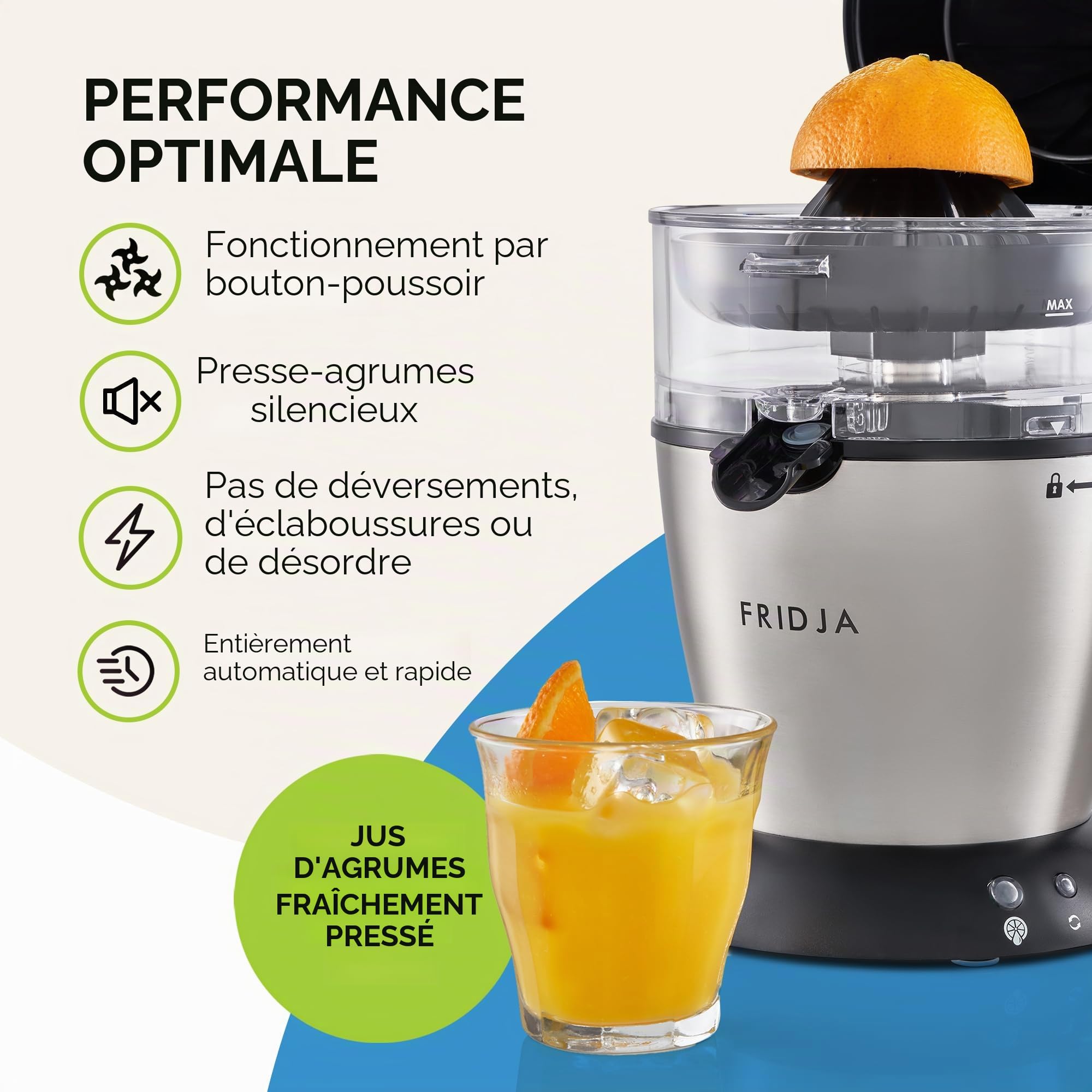 Fridja f900 Presse-agrumes automatique (un bouton pour fonctionner) sans déversement, sans éclaboussures, facile à nettoyer, presse-agrumes orange et pamplemousse pour jus fraîchement pressé, en acier