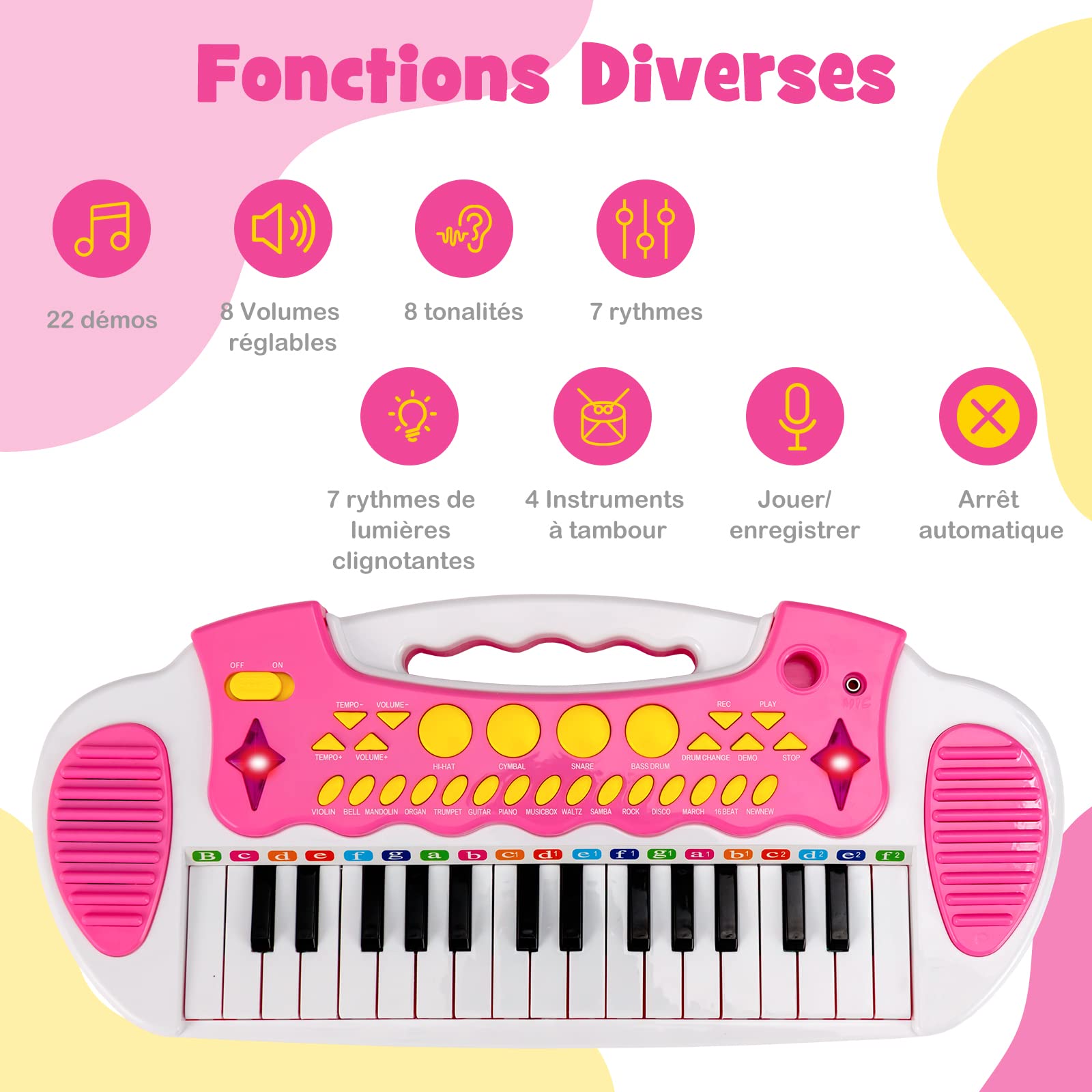 COSTWAY Clavier Piano Enfants 31 Touches avec Microphone et Tabouret,Piano Numérique avec Effets Lumineux,22 Démos,8 Volumes Réglables,8 Tonalités,7 Rythmes,Enfants 3 Ans+ (Rose)…