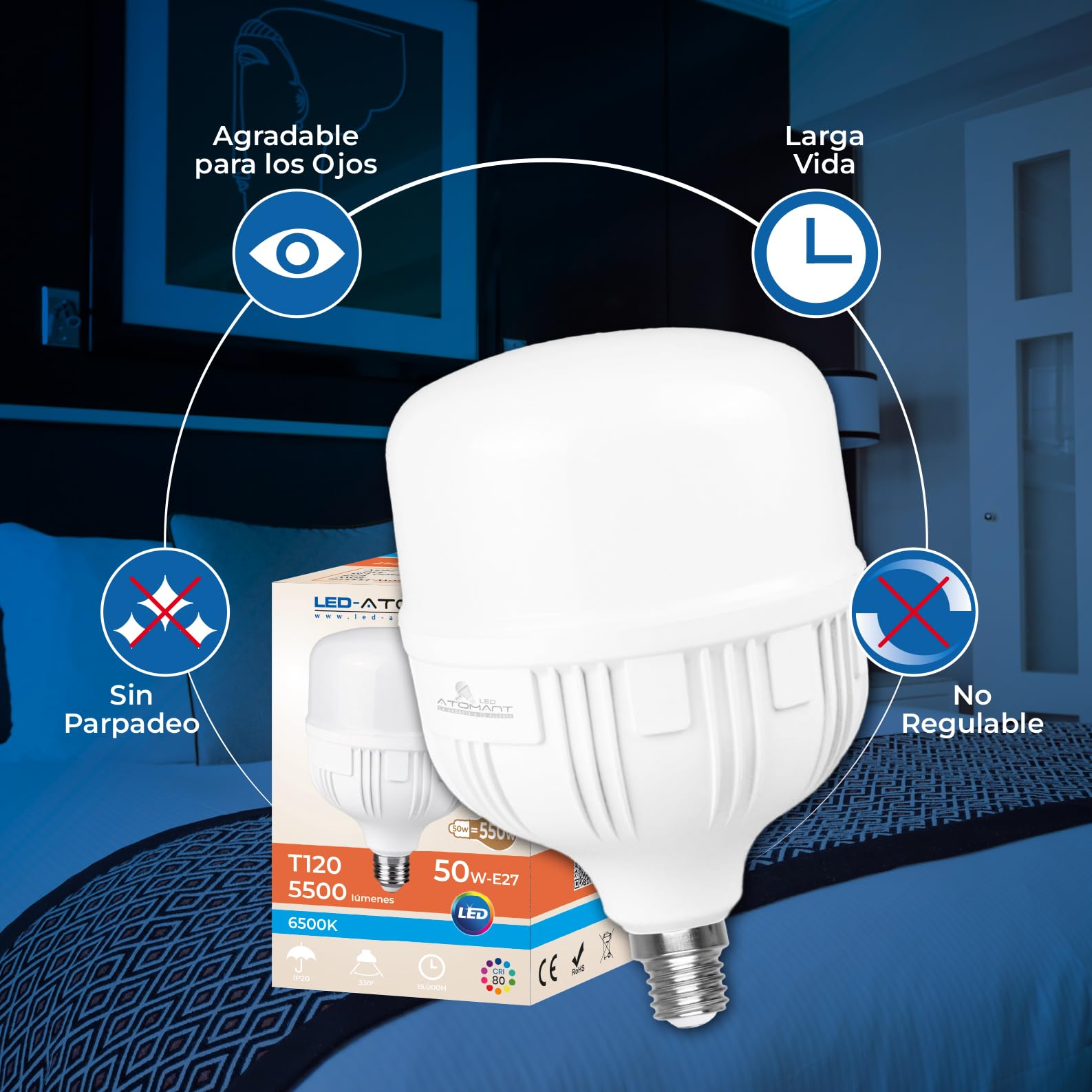LED ATOMANT 5x LED Lampe E27 T120 50W Kaltweiß 5500lm | Großer Sockel, 6500K