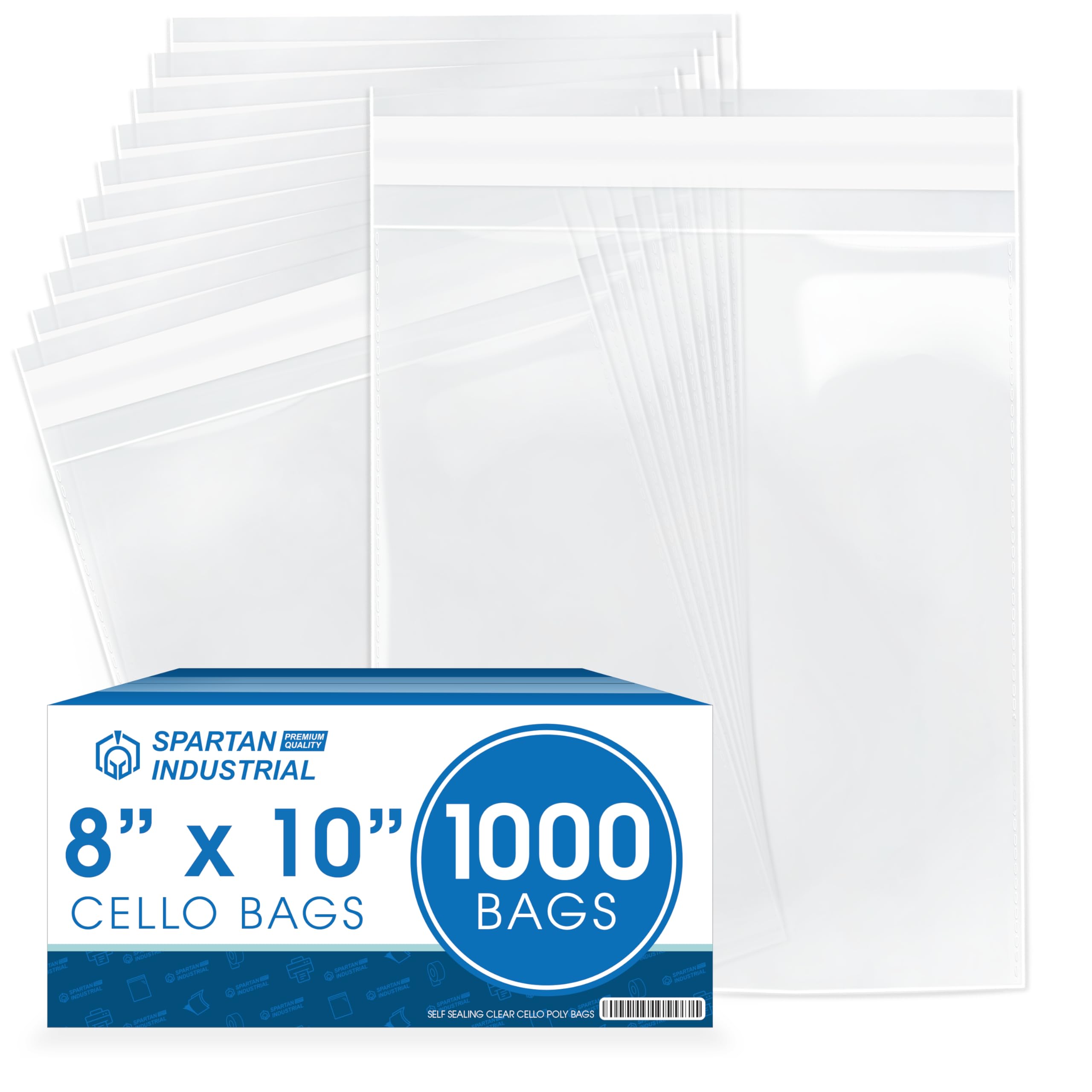 Spartan Industrial - 8" X 10" (1000 Count) Crystal Clear Resealable Cello Poly Bags for Packaging, Clothing & T Shirts - Self Seal & Reinforced