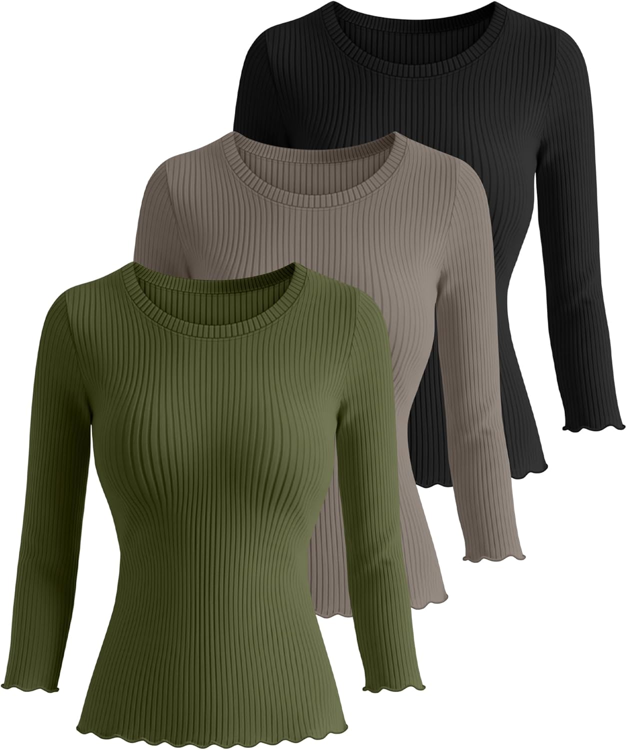 Huukeay 3 Pack Women’s 3/4 Sleeve Tops, Ribbed Knit Cotton Slim Fitted Crew Neck Shirts Stretchy Casual Basic Tight Top - Image 3