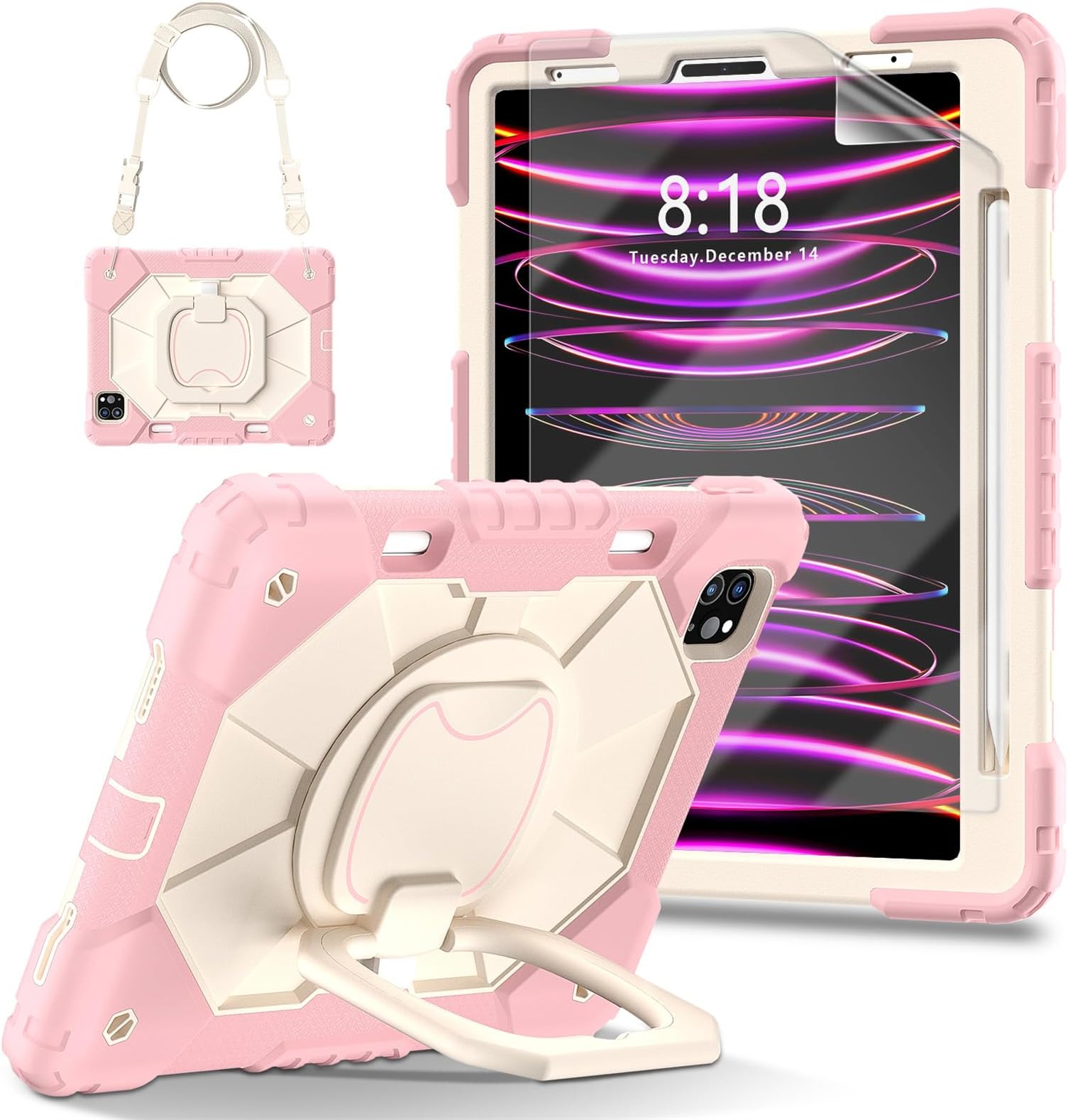 Case for iPad Air 10.9'' 5th 4th / Pro 11'' (2022/2021/2020) with Screen Protector/Shoulder Hand Strap/Pencil Holder/Handle Grip/Rotating Stand, Rugged Armor Protective Cover Drop/Shock Proof for Kids