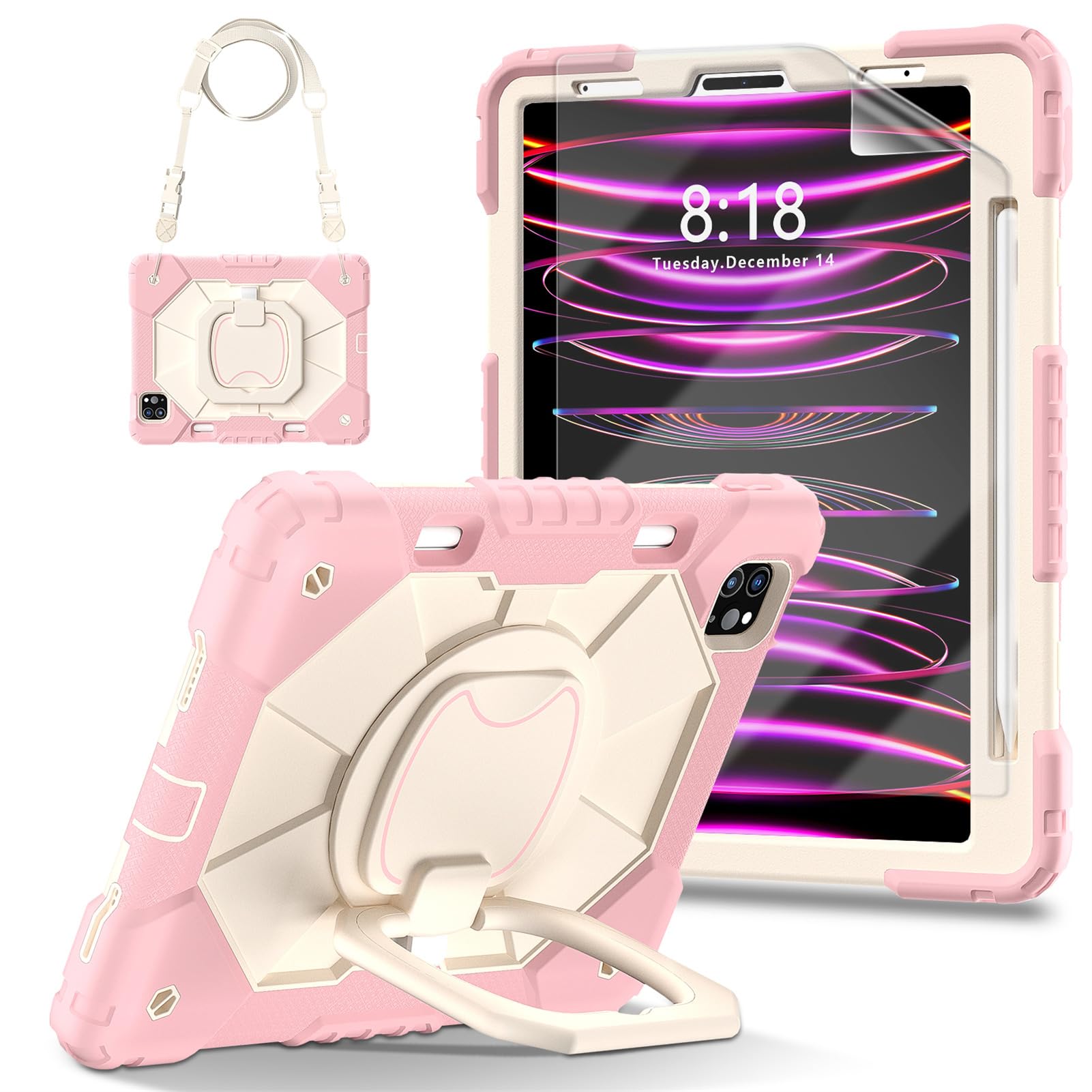 Case for iPad Air 10.9'' 5th 4th / Pro 11'' (2022/2021/2020) with Screen Protector/Shoulder Hand Strap/Pencil Holder/Handle Grip/Rotating Stand, Rugged Armor Protective Cover Drop/Shock Proof for Kids