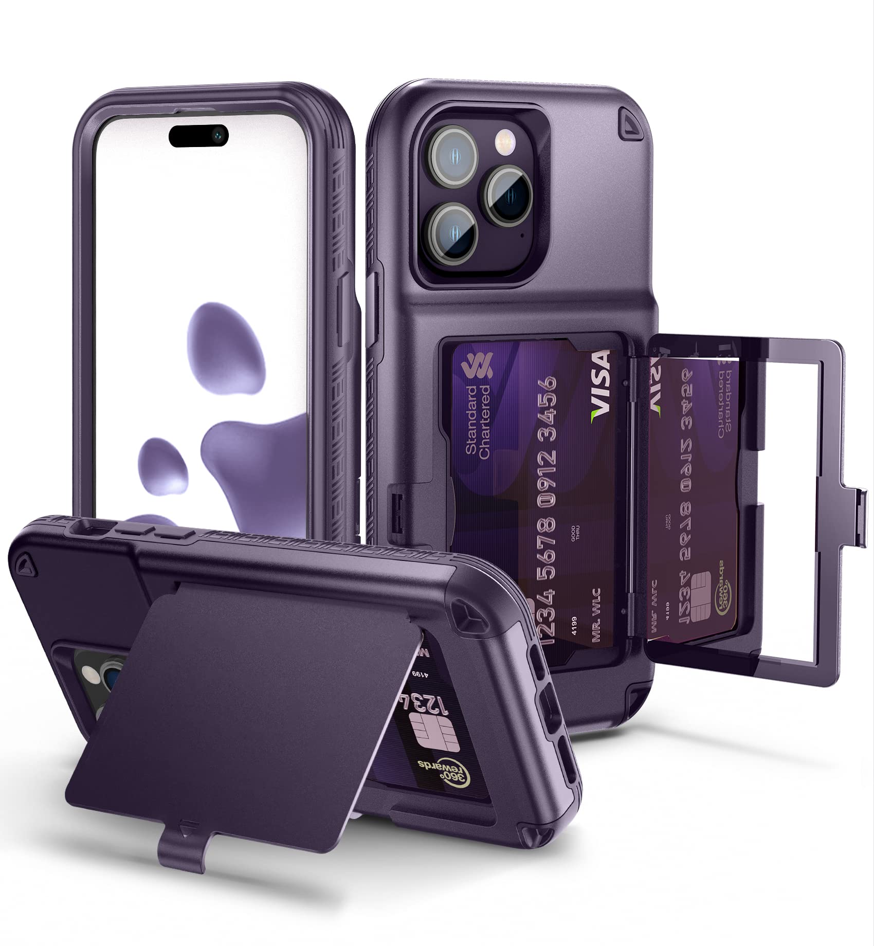 WeLoveCase for iPhone 14 Pro Max Case for Women, Men Defender Credit Card Holder Cover with Hidden Mirror, Three Layer Shockproof Heavy Duty Protection Case for iPhone 14 Pro Max 6.7'' Deep Purple
