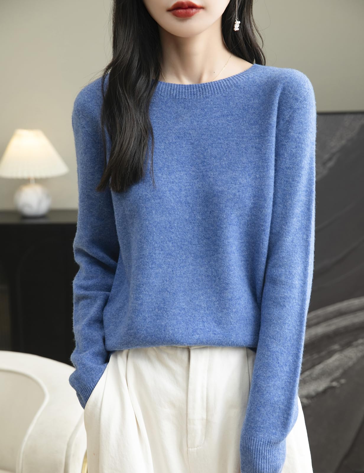 Chanyarn Damen 100% Merinowolle Pullover Rundhalsausschnitt First-Line Ready to Wear Langarm nahtlosem Strickpullover