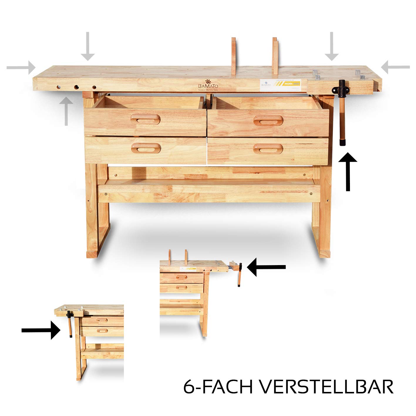BAMATO Hobelbank WORK-1640 Werkbank Massivholz Holzhobelbank mit Schubladen | Massivholz Hobelbank mit 1520x500mm Arbeitsplatte | Inkl. 4 große Schubladen, 8 Bankhaken & 6-fach verstellbarer Spannzange