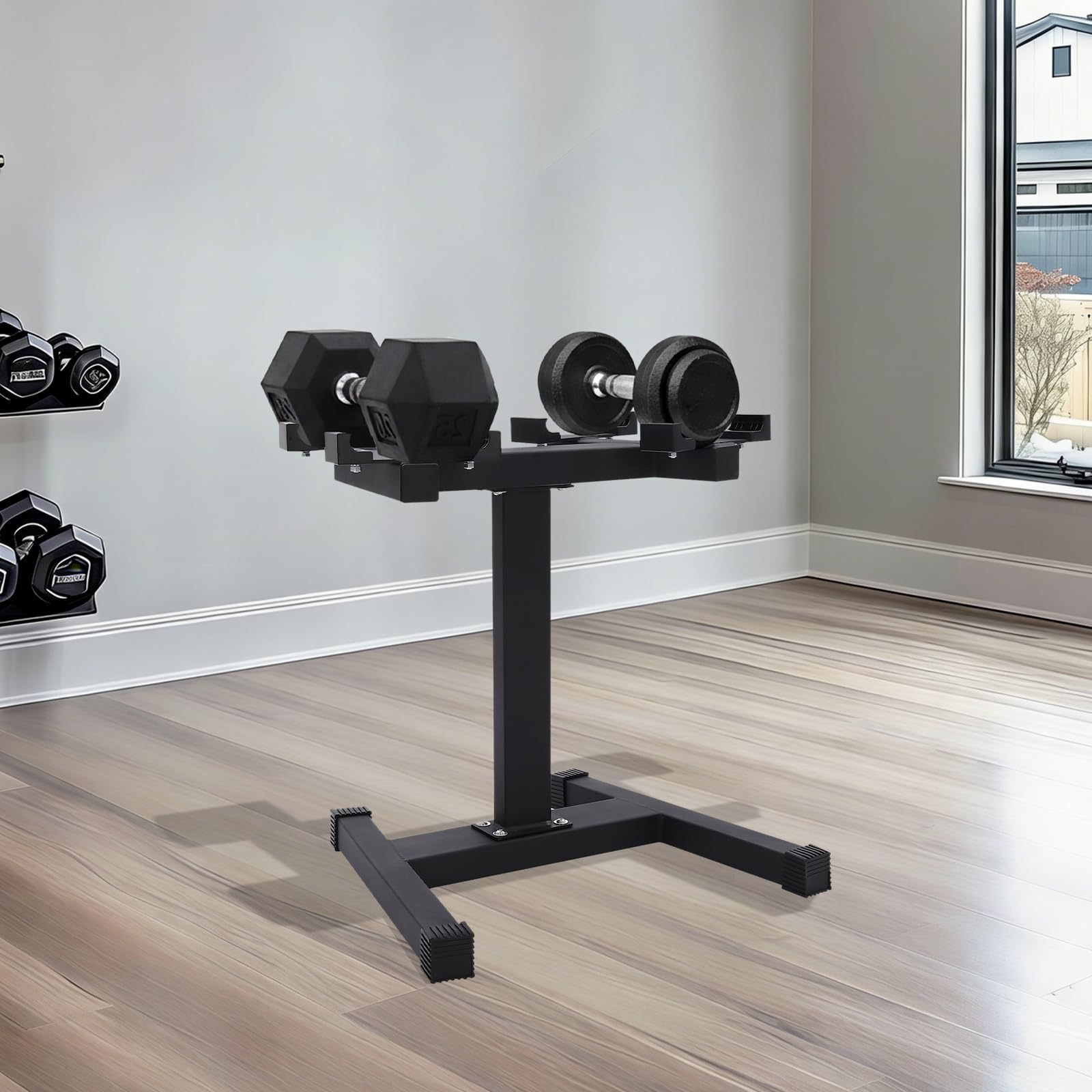 Soporte multifuncional para mancuernas de tubos de acero, soporte de almacenamiento ajustable con base en forma de H, soporte para pesas independiente, capacidad de carga de 136 kg