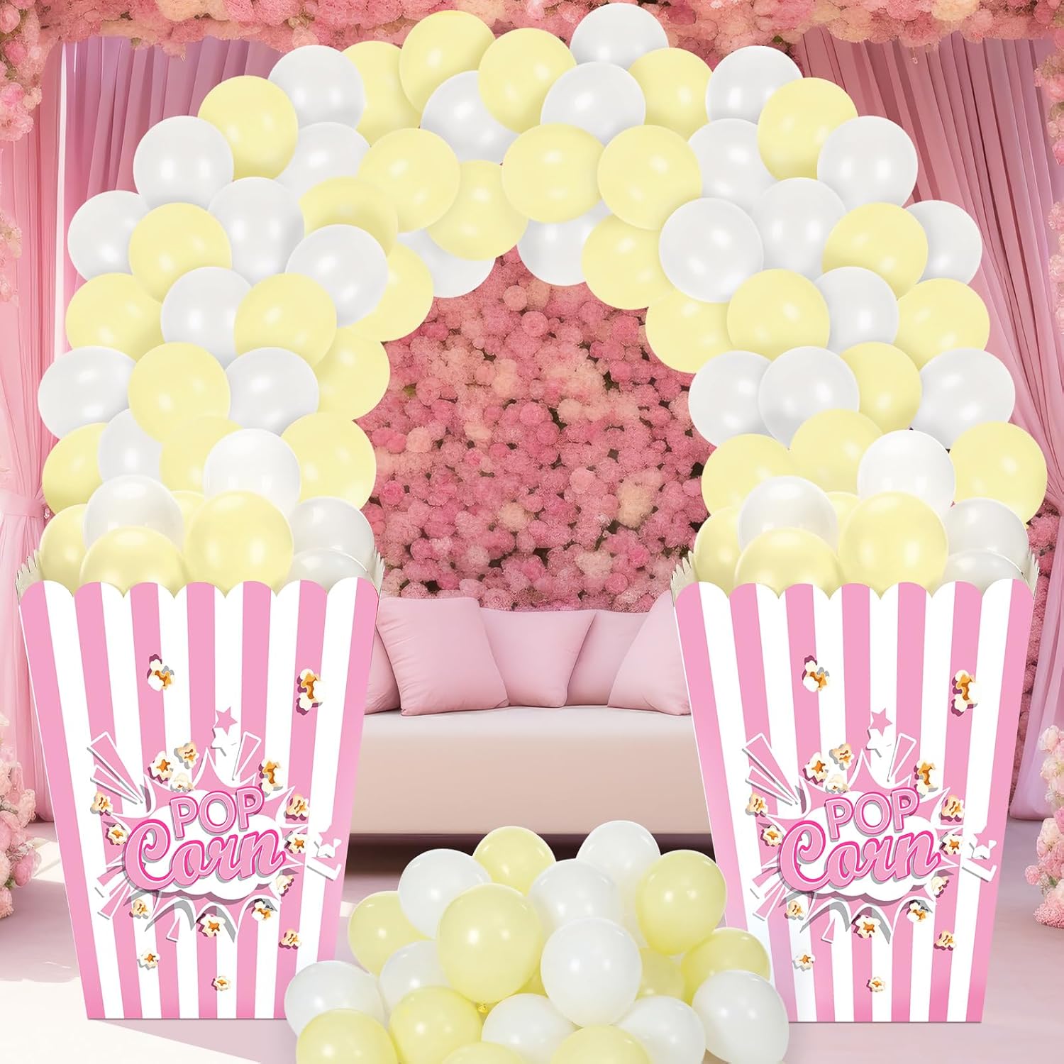 Sosation 2 Pack Giant Popcorn Box Prop Cardboard Stand up with Balloons Movie 3D Popcorn Bucket Decoration Large Carnival Circus Decorations Arch Kit for Movie Night Themed Birthday Party (Pink)