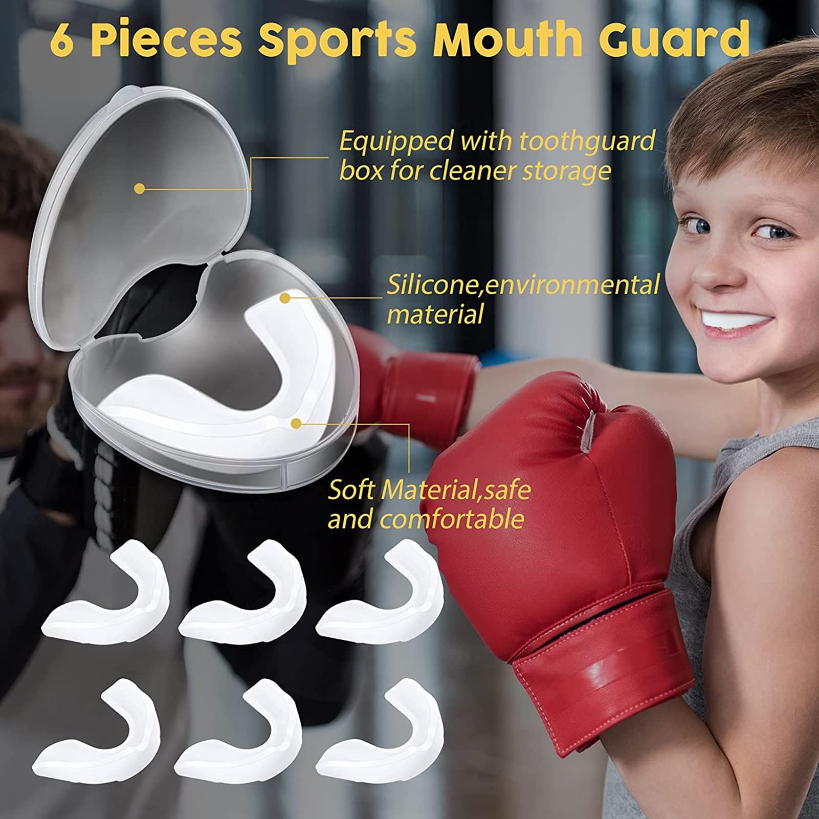 6 Protège-dents, Protège-dents EVA Sports Avec Étui Transparent, pour Le Judo, Le Grappin, Le Combat Libre, Le Hockey Sur Glace, Le Rugby, Le BJJ, Le Baseball et Le Muay Thai