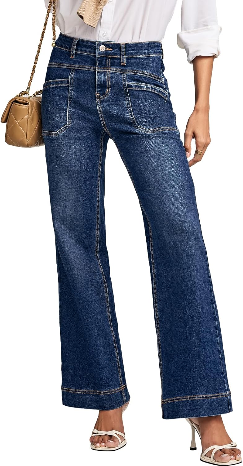 EVALESS Womens Jeans Wide Leg High Waisted Straight Bootcut Jeans Trendy Fall 2025 Zimbaplatinum Stretchy Denim Pants
