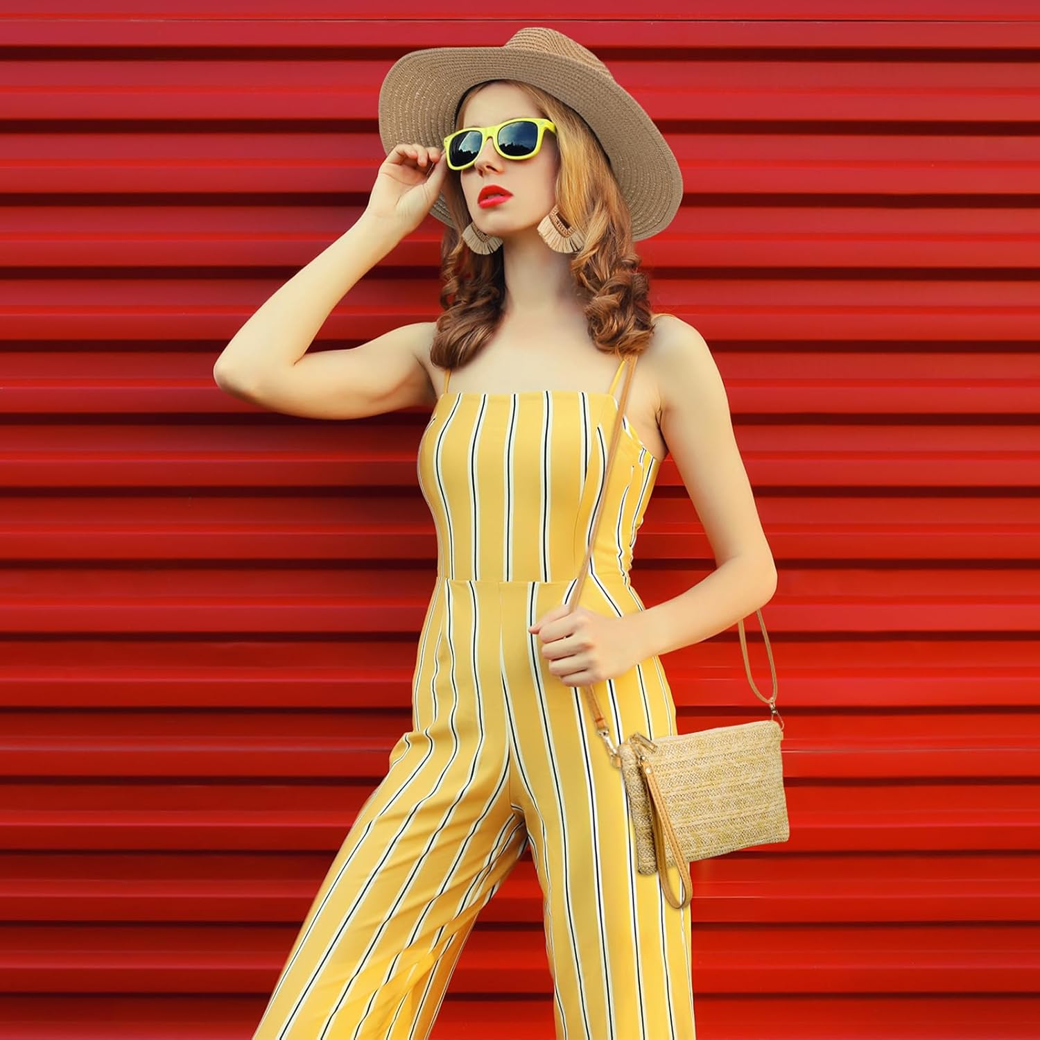 Shyyween 6 Pcs Womens Straw Beach Bag Set Included 1 Summer Beach Bag 1 Sun Cap 4 Pair Rattan Tassel Earring