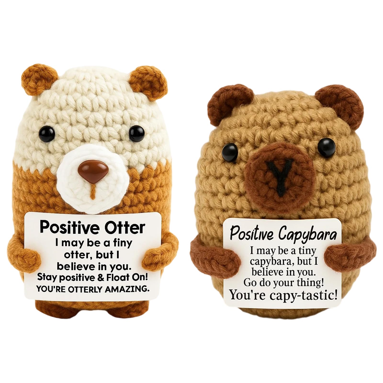 ZPSCXQ 2Pcs Positive Crochet Animals, Handmade Capybara and Beaver Plush, Emotional Support Gift, Motivational Decor, 7.5 cm Wool Knitted Companions for Home Office Display