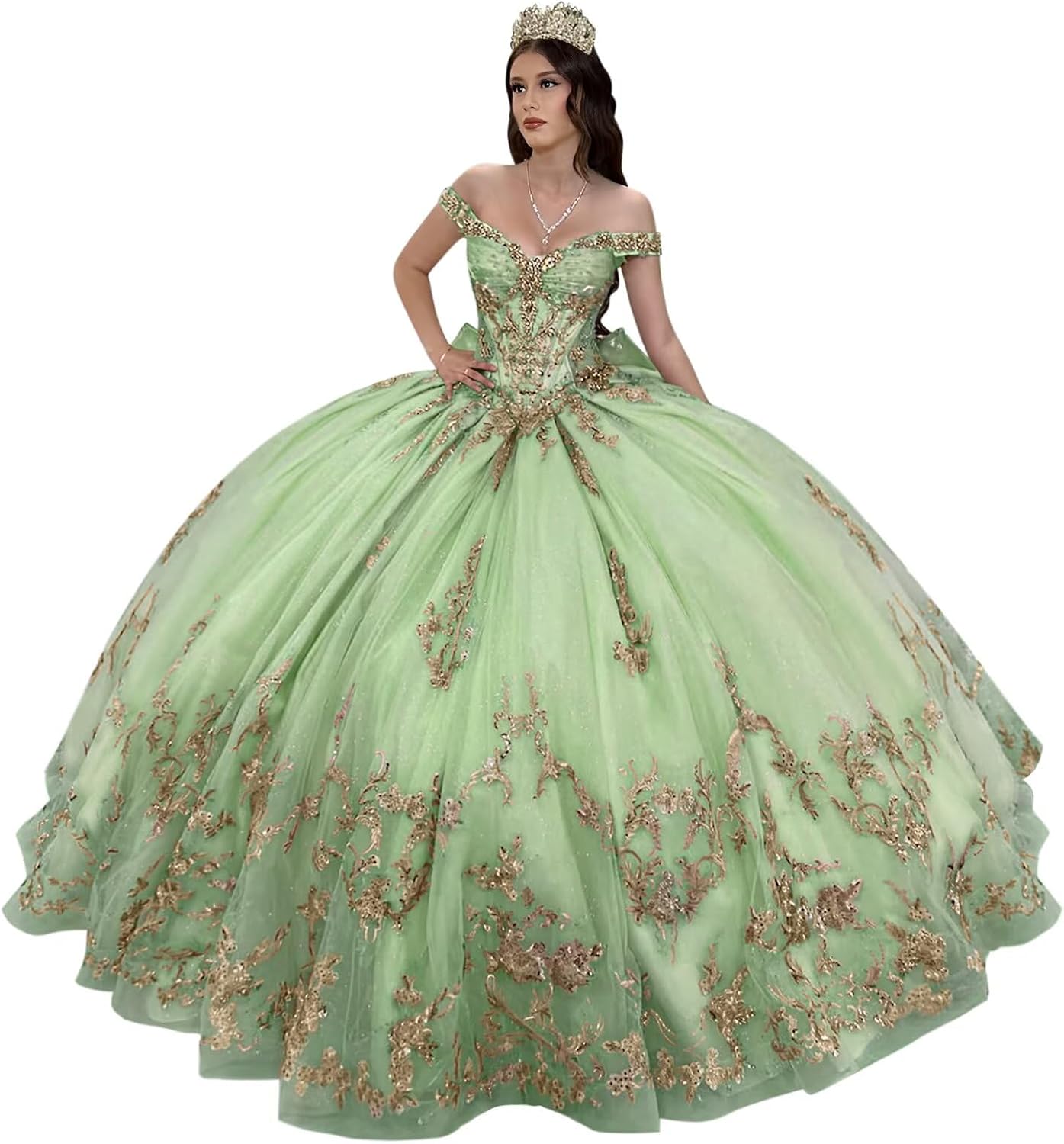 Mauuwy Gold Appliques Quinceanera Dress Ball Gown Beaded Bow 15 Years Dress Quinceañera Off Shoulder Vestidos De 15 Años