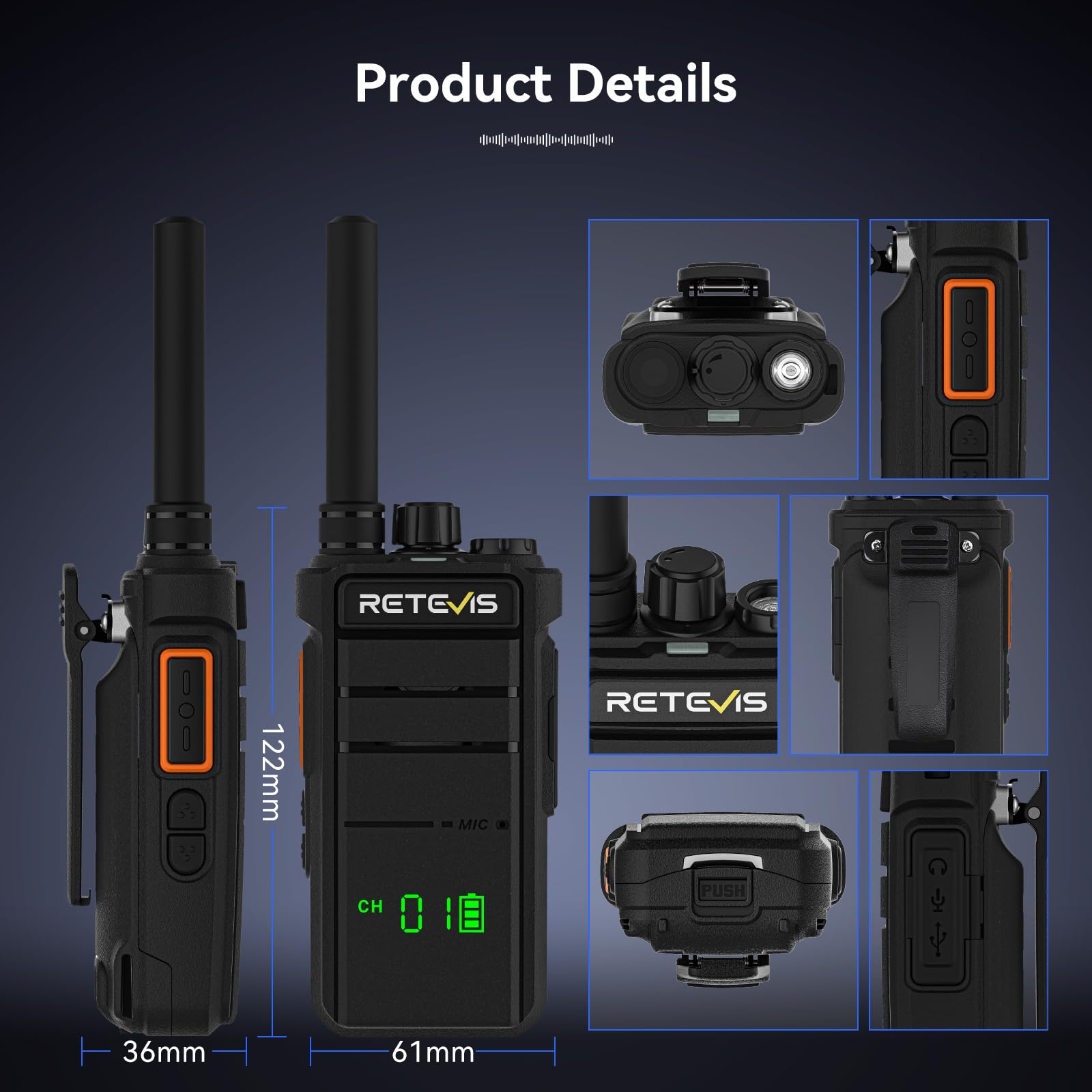 Retevis RB626H Walkie Talkie Lungo Raggio, Ricetrasmittenti Professionali Caricatore a 6 Vie 2000mAh, con Schermo, VOX, llarme di Emergenza Walkie Talkie Portatile per Sicurezza,Scuola(Nero,6 Pezzi)