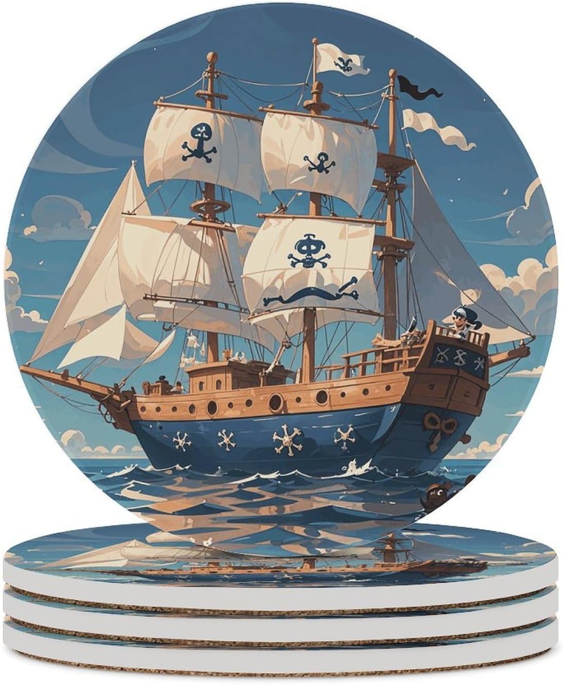 6PCS Nautical Sailing Pirate Theme Coasters Non-Slip Round Drink Coasters with Ceramic Stone and Cork Base, Heat Resistant Absorbent 33.00Stone Coaster Set for Kinds of Mugs and Cups, 4 Inch